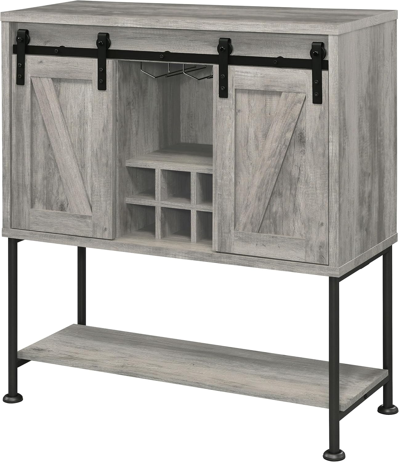 Coaster Home Furnishings - Claremont - Wood and Metal - 39-Inch Farmhouse Wine Cabinet with Sliding Door, Six Bottle Wine Storage - Home Bar & Dining Room - Gray Driftwood and Gunmetal - 183038