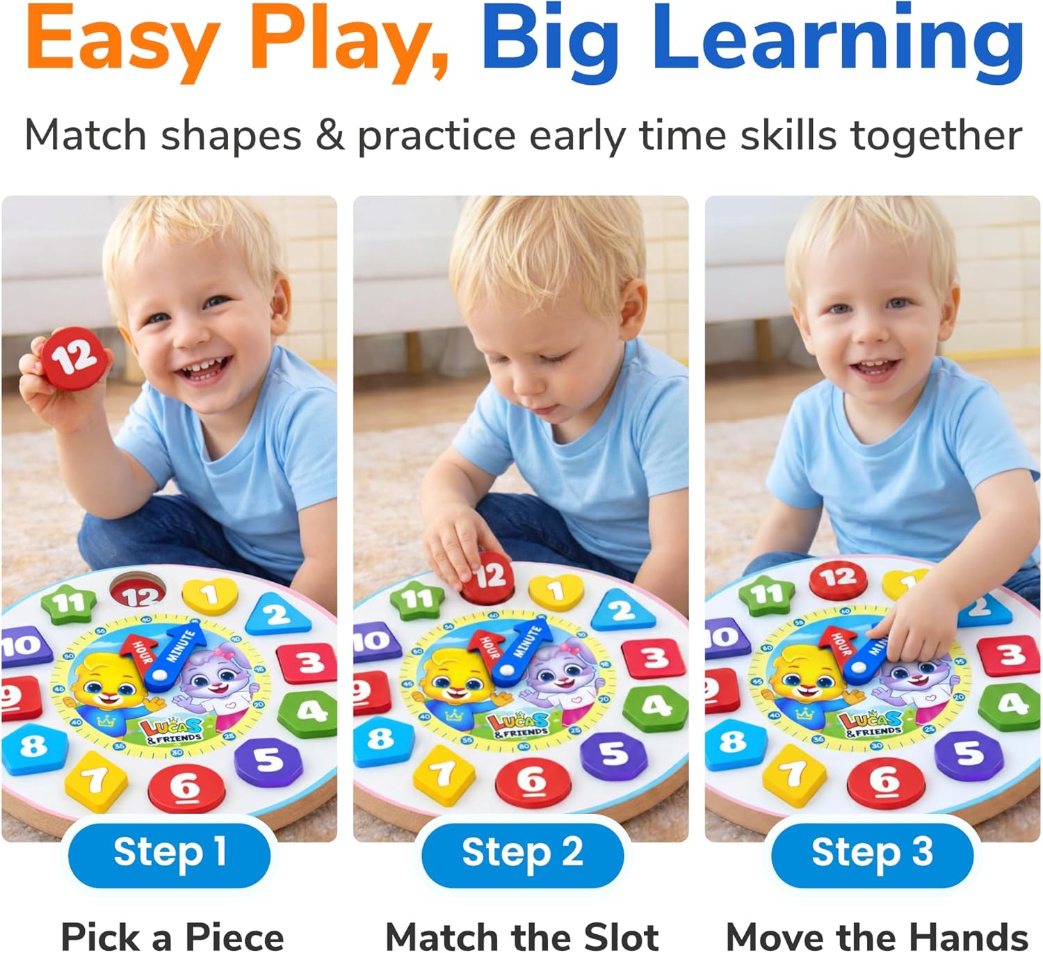 Lucas & Friends Shape Color Sorting Clock Wooden Educational Toy, Teaching Time Numbers Puzzle, Stacking Sorter Jigsaw Montessori Early Learning Toy, Fine Motor Skills, Gift for Kids