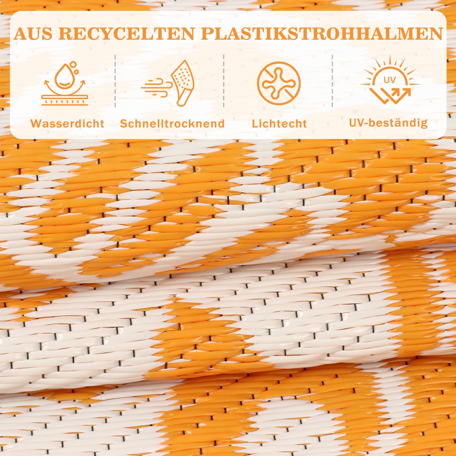 Outdoor Teppich Rund Schwarz 180 cm, Boho Wetterfest Wendbarer Outdoorteppich, Kunststoff Terrassenteppich, UV-beständige Balkon Teppich für RV Camping Deck Patio Strand Garten Picknick Orange