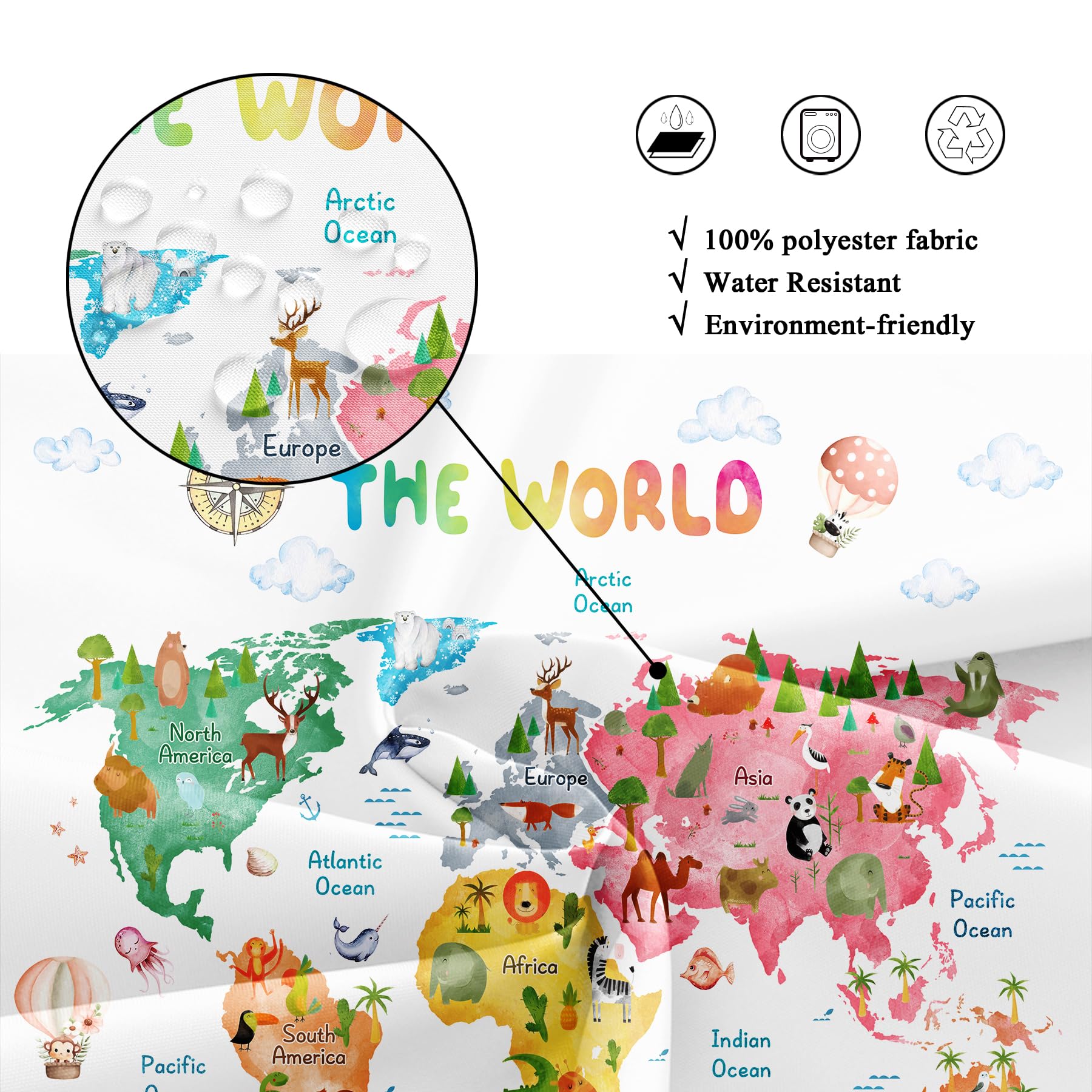 Best World Market Shower Curtain Picks for 2026 1 Riyidecor Kids World Map Funny Educational Tool Cartoon Bathroom Shower Curtain — product photo