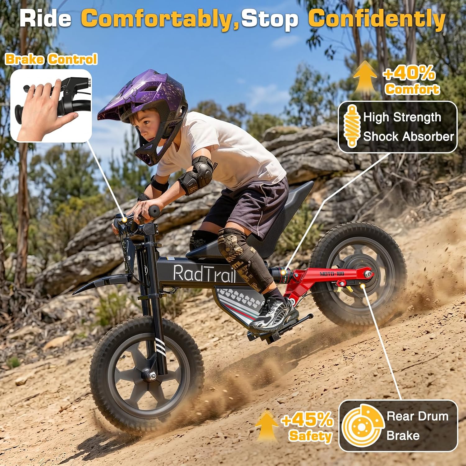 ARBELI 36V Peak 400W Brushless Electric Dirt Bike for Kids Ages 4-8, 14" Pneumatic Tires, 13 MPH & 13 Miles, Max Load 143 Lbs, Pro Suspension Off-Road Kids Dirt Bike(Red)