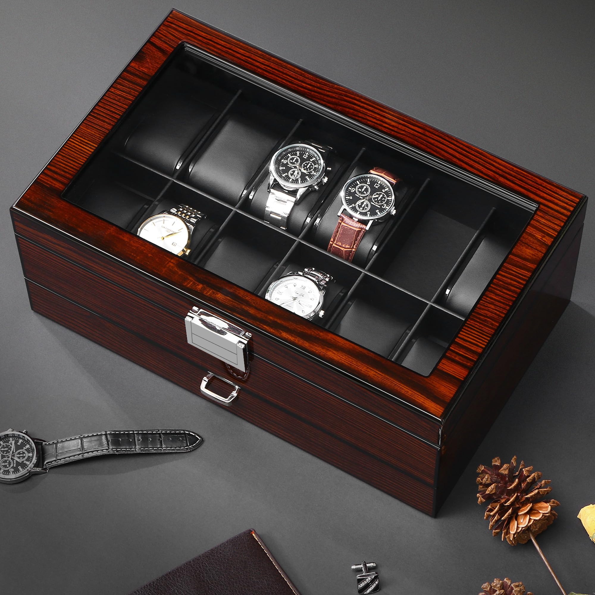 BEWISHOME Caja para 12 relojes de lujo con tapa de cristal y bisagra de metal, marrón