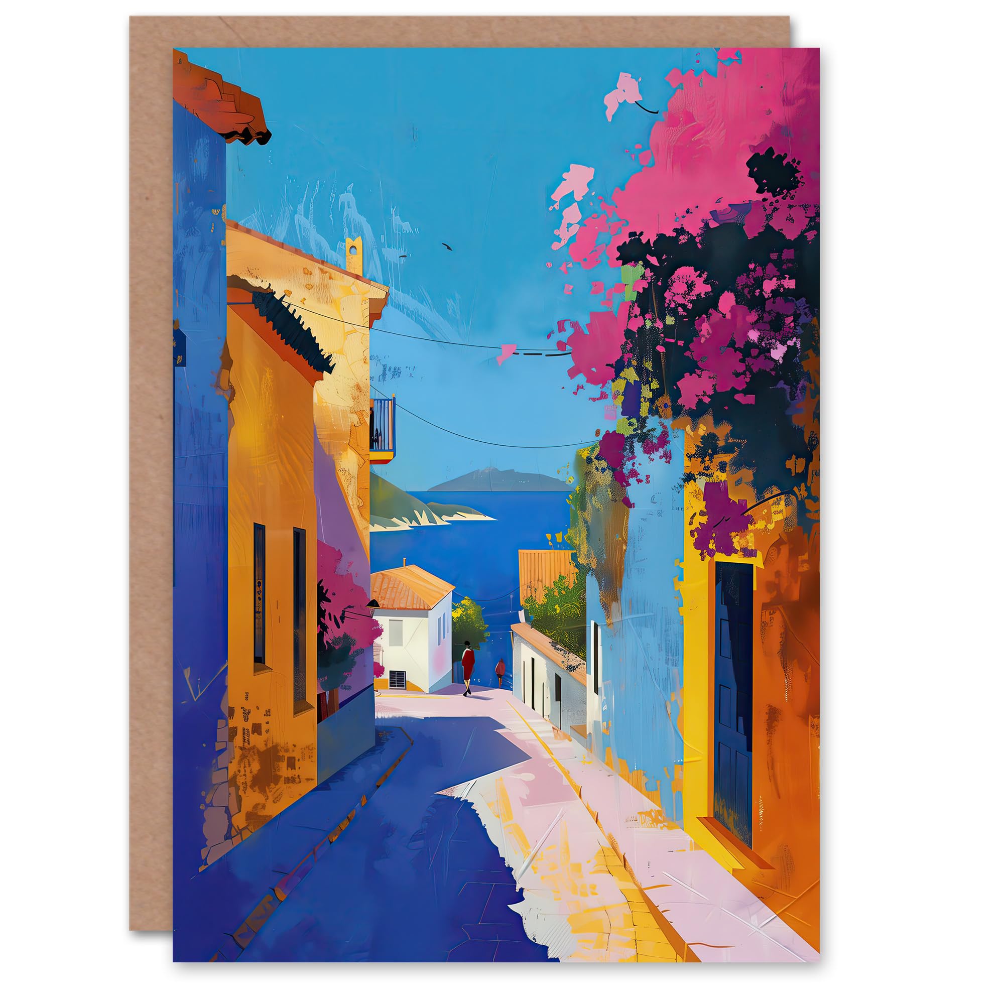 Artery8 Greeting Card Santorini Seaside Coastal Town Painting Colourful Blank For Him Or Her Art Birthday Card