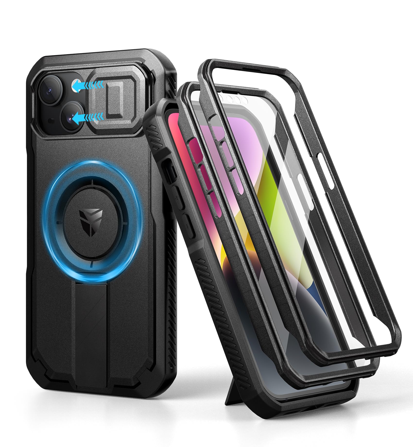 Dexnor iPhone 13/14用 マグネットケース - スライド式カメラカバー＆調整可能キックスタンド＆内蔵画面保護フィルム付き 耐衝撃 ヘビーデューティ ケース(ブラック)