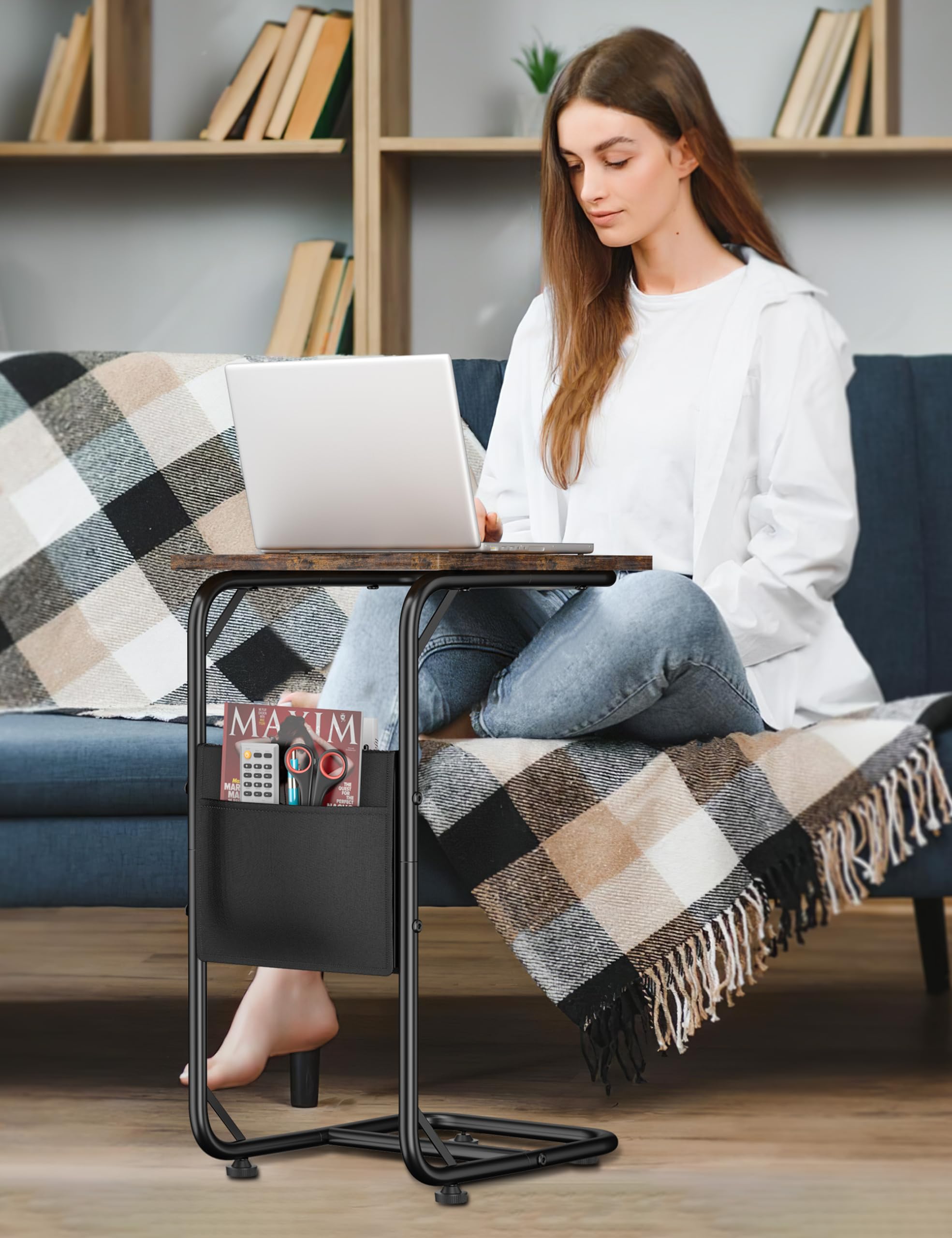 YASONIC C Shaped End Table - Couch Table with Side Pockets, C Shaped Side Table for Couch, Sofa and Bed, C Table for Living Room, Bedroom, Brown