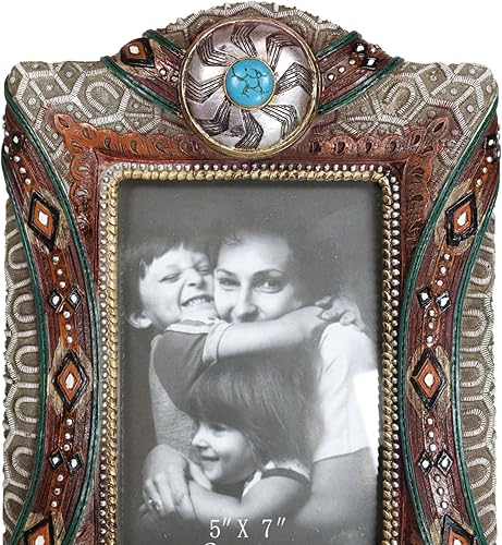 Miniatura 6 de Ebros Gift Conchos plateados rústicos del suroeste con gemas turquesas y patrones tribales de 5 x 7 pulgadas, marco de fotos, figura de rancho