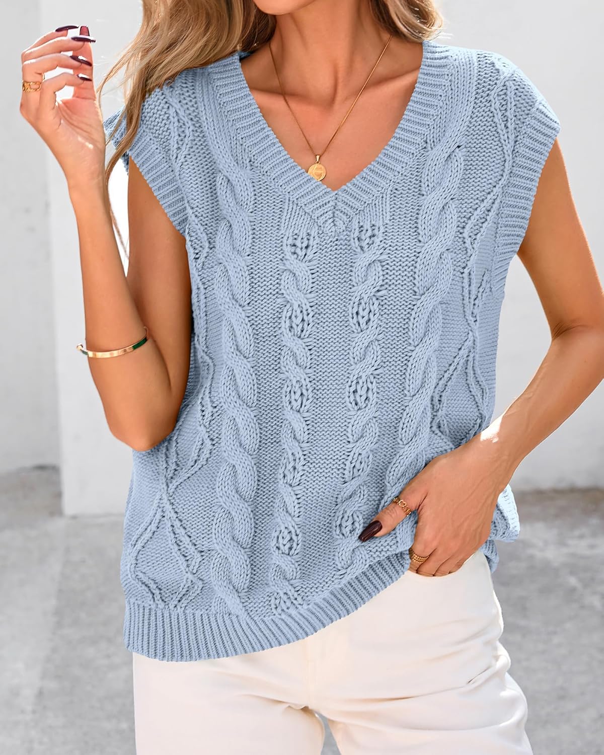 BTFBM Sweater Vest Women Oversized V Neck Cable Knit Casual Pullover Sweaters Fall Outfits 2025 Sleeveless Tops - Image 8