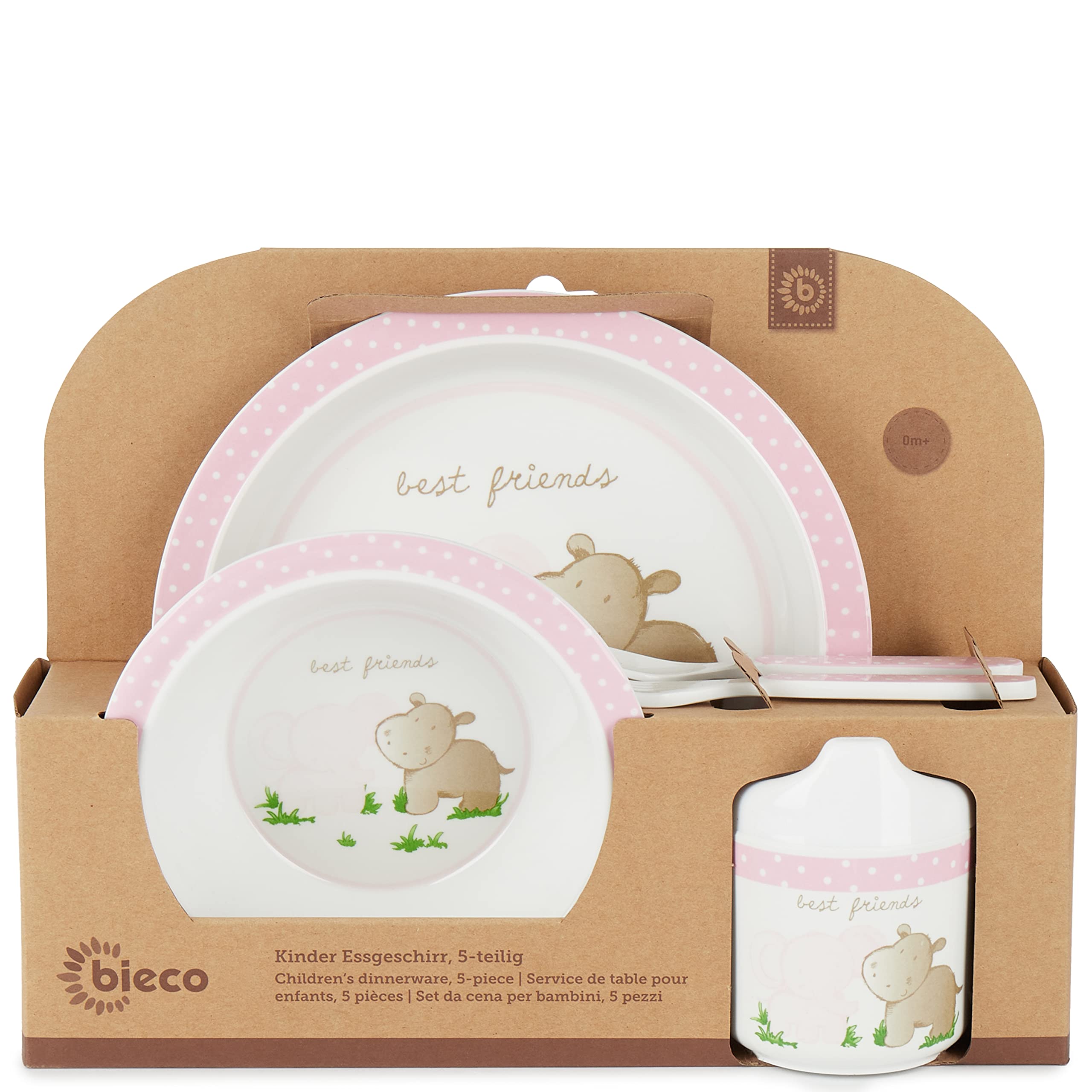 Bieco Set de Vajilla Infantil con Diseño de Animales | Vajilla Bebé 5 Piezas | Infantil Melamina | Set Comida Bebé | Niñas | Rosa