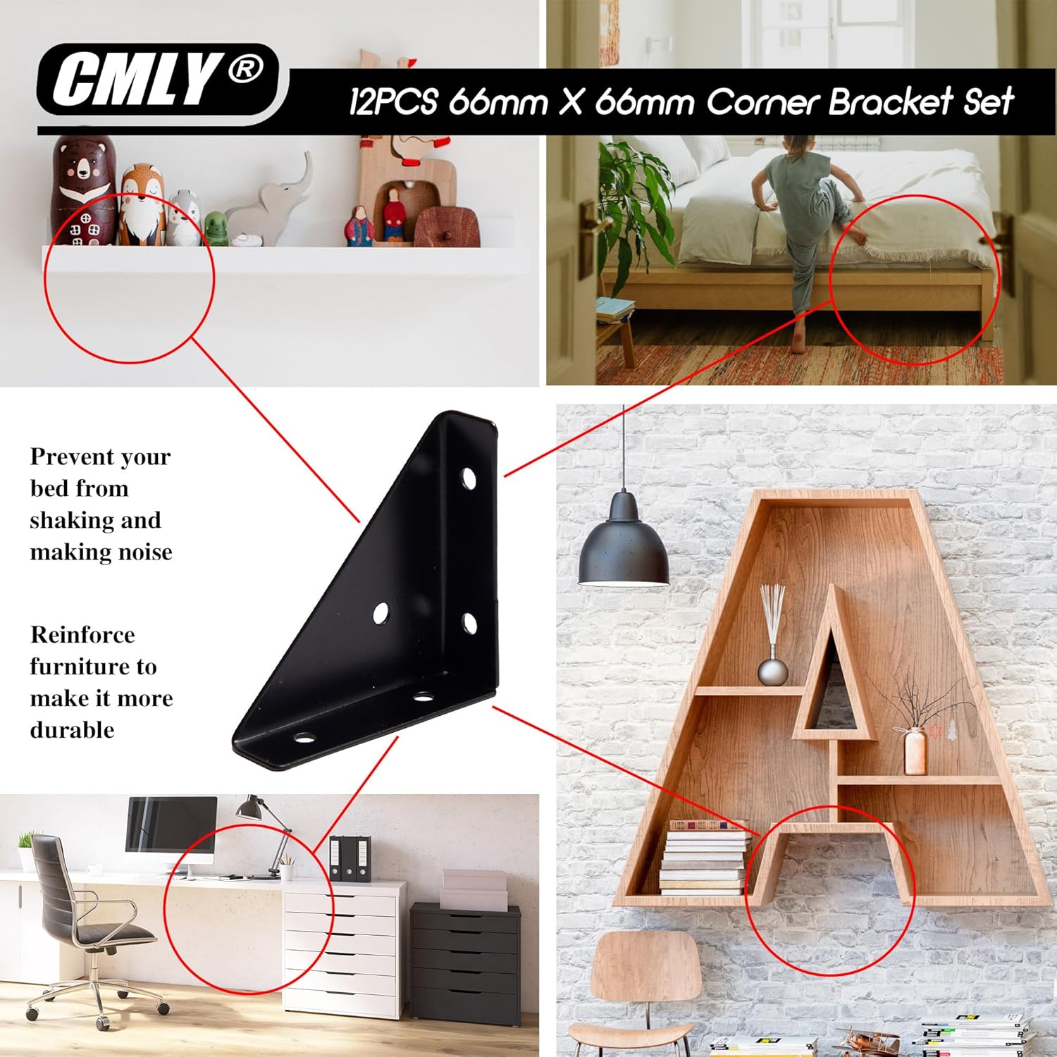 Corner Brace Brackets, 12Pcs 66 x 66mm Black Corner Braces for Wood, Universal Furniture Corner Connector, Triangle Shelf Bracket, Corner Desk Connector for Bed, Table, Cabinet