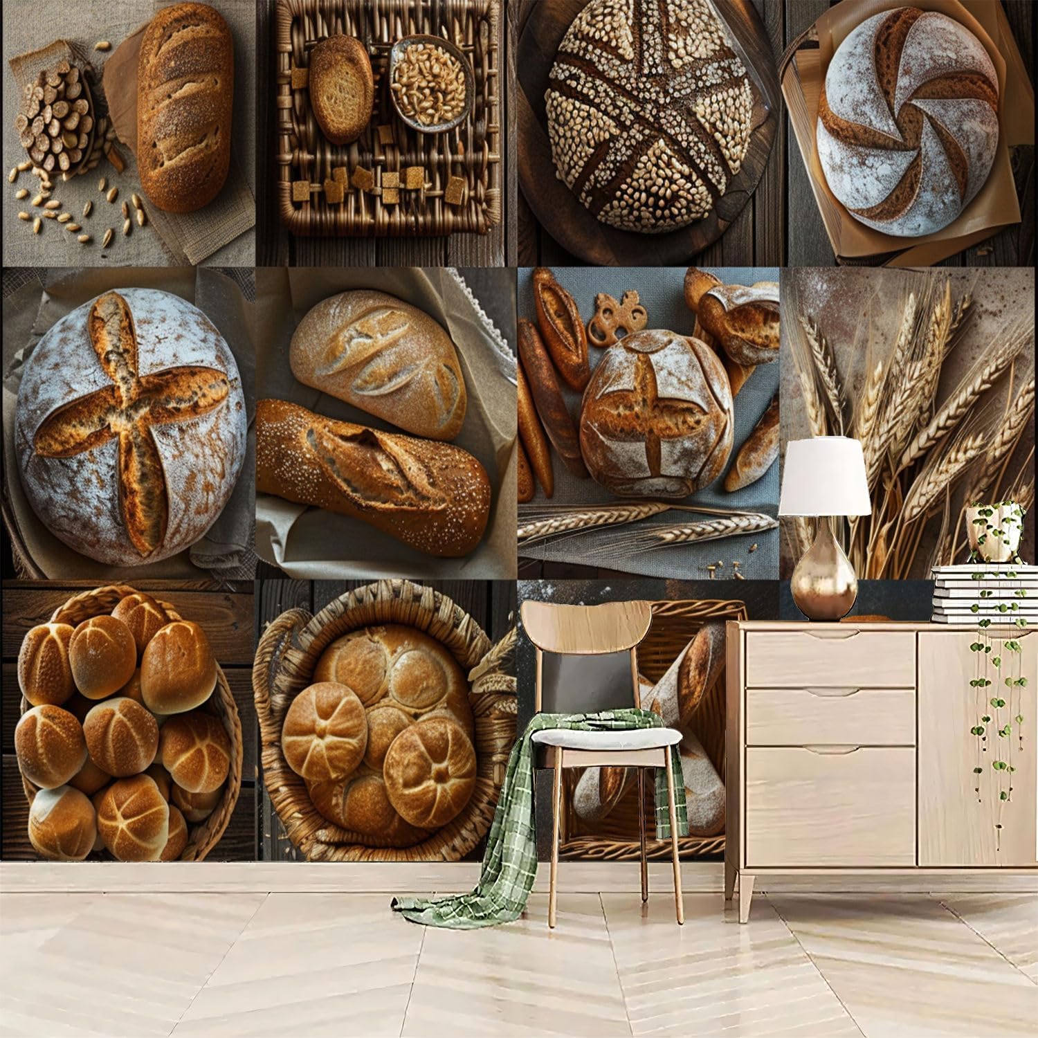 Papier peint panoramique pain pour agrandir une pièce avec trompe l'oeil 3D