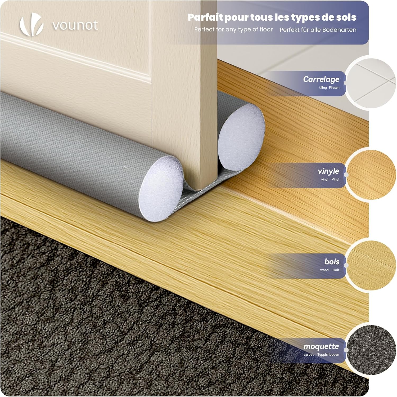 VOUNOT® 3 Pack Double Sided Draught Excluder 96cm, Under Door Draft Stopper with Foam Seal Door Gap Blocker, Energy Saving Reduces Noise, Light and Pest, Grey