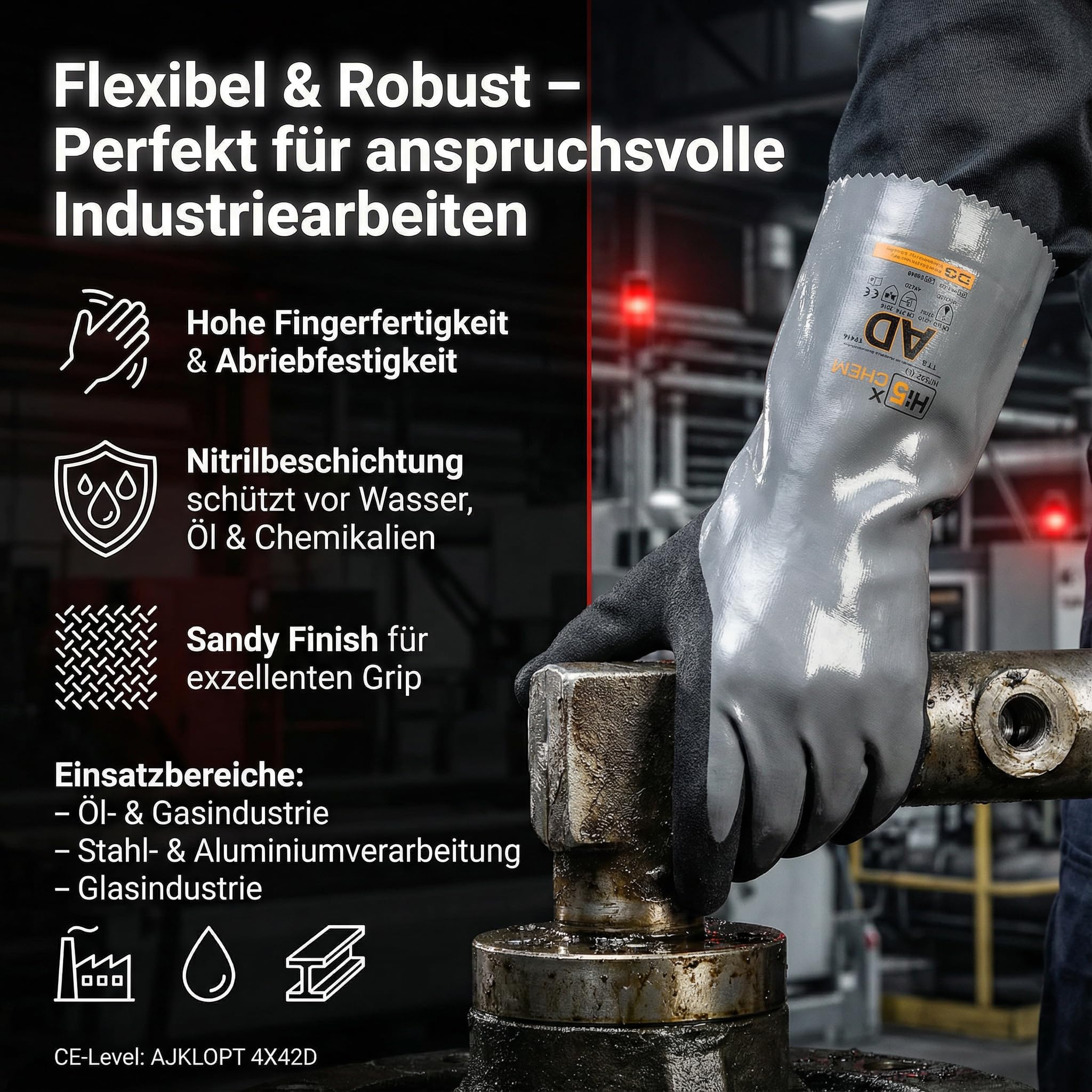 Hi5 X-Chem Chemikalienschutzhandschuhe 4X42D – Typ A AJKLOPT – Nitril sandig-rau – schnittfest Level D – EN 374-1 – EN 388 – grau/schwarz (L, 72, stück)