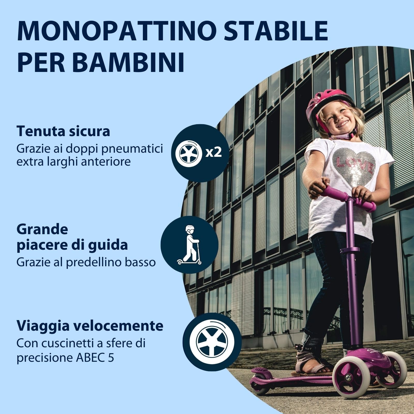 HUDORA Monopattino Flitzkids 2.0 I Monopattino per bambini stabile con pedana grande I Monopattino mini a tre ruote regolabile e trasportabile, peso fino a 50kg I In alluminio per bambini