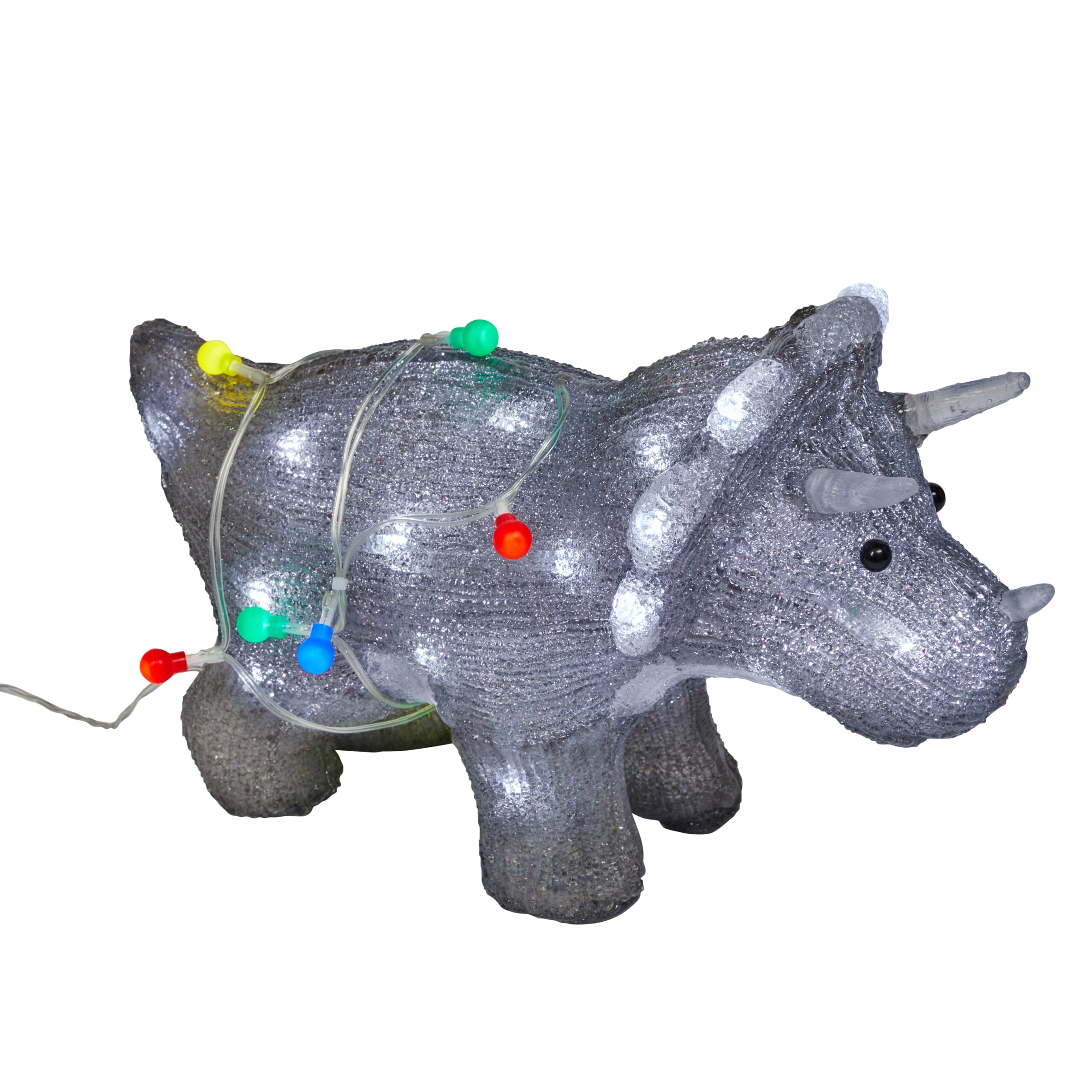 Lights4fun Dinosauro Triceratopo Luminoso a Pile da 36,5 cm con 40 LED Bianco e Timer Figura di Natale in Acrilico Decorazione Natalizia per Interni ed Esterni