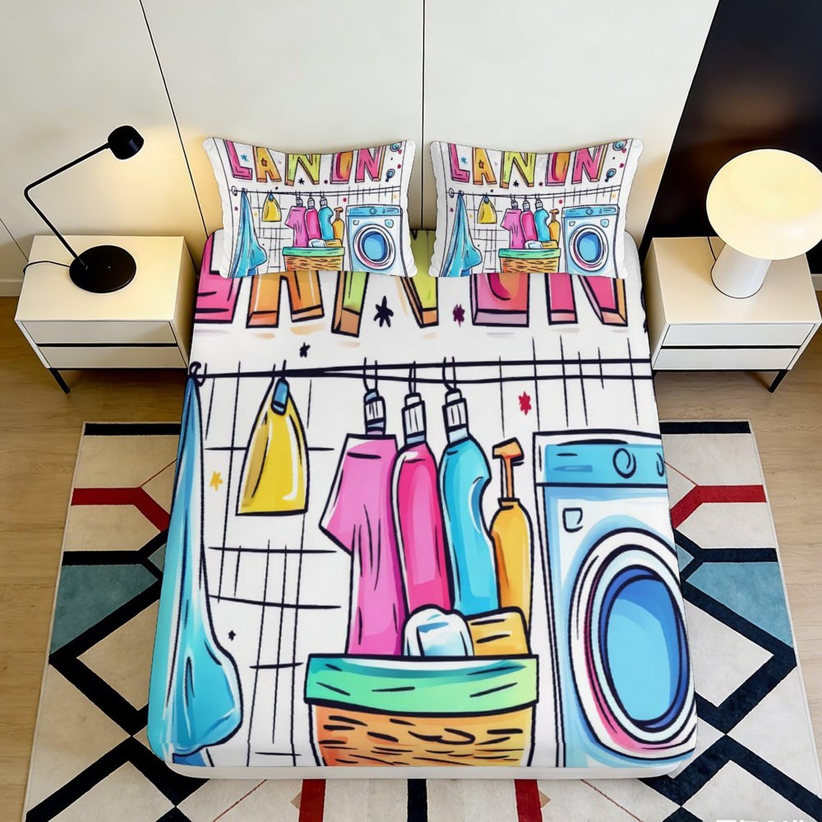 Pnayamiorkfel Style-4 3D Printed Laundry Room Fitted Sheet Microfiber Cartoon Washing Machine Mattress Cover Washable Decor For Bedroom 90X200x25cm