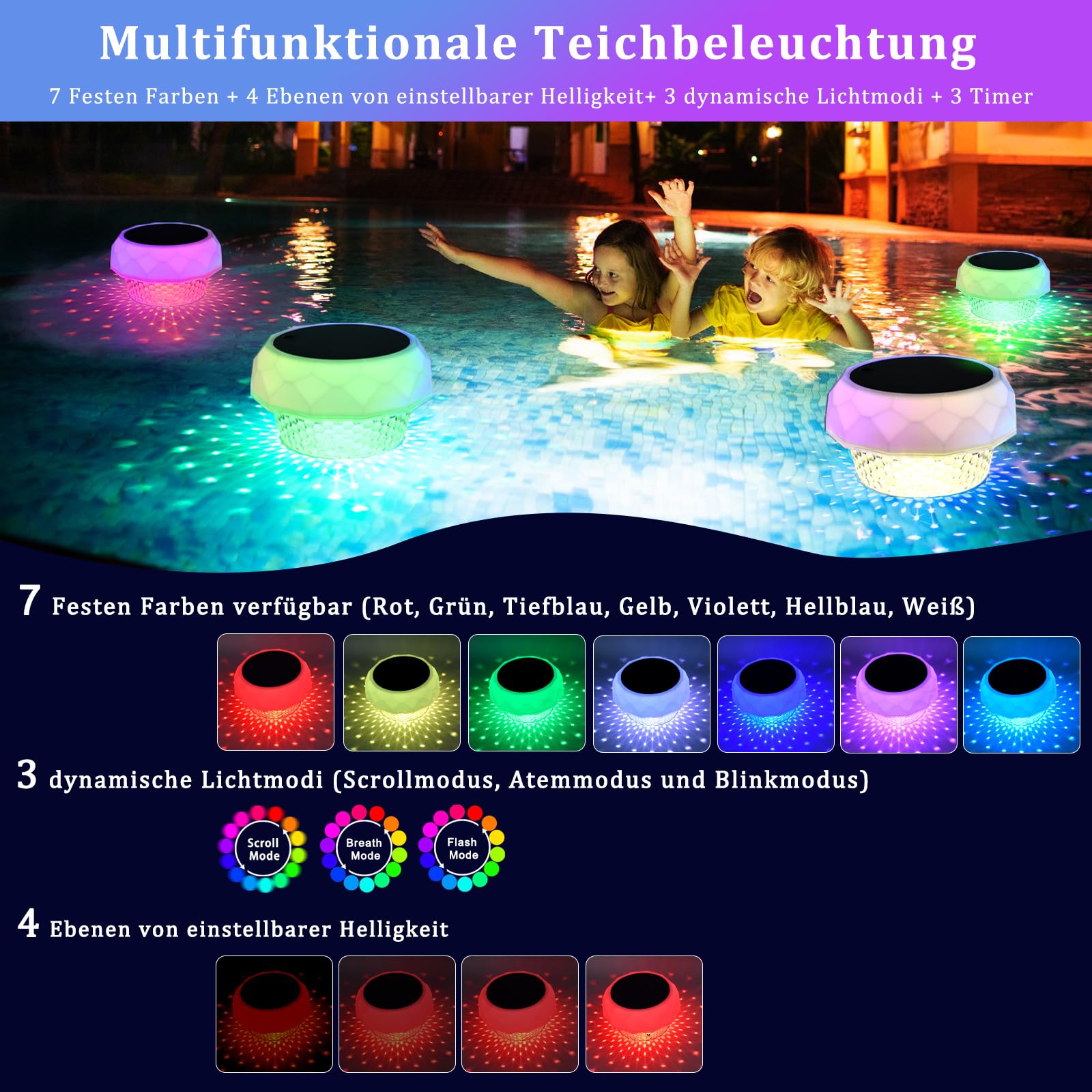 Poolbeleuchtung Solar, RGB+Kaltweiß Led Pool Licht Schwimmende Teichbeleuchtung, RGBW Dimmbar, IP68 Wasserdichte, Led Pool beleuchtung Pool Solar Licht für Pool, Whirlpool, Teich Deko(1pcs)