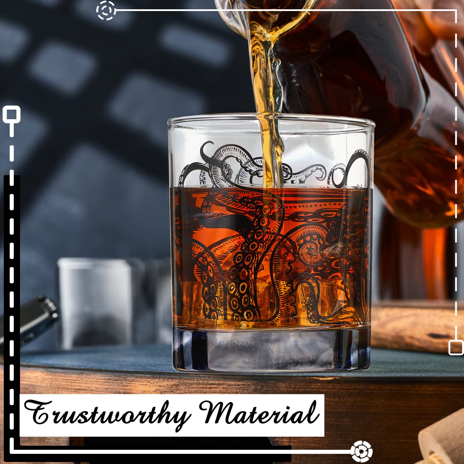 4 Stück Octopus Tentakel Whiskey Gläser 284 ml - Rock Gläser Kraken Geschenke Altmodische Tasse - Klare Strand Weingläser für Trinken Shot Rum Cocktail Bier Bar Dekor Tumbler Cup Glaswaren