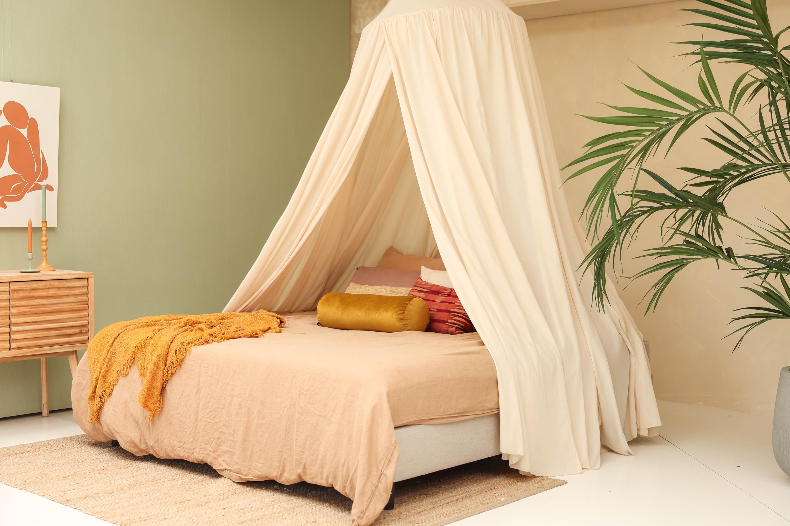 Cremebeiger Betthimmel für Doppelbett | Runder Moskitonetz Größen | Baldachin Bett für Teenagern & Erwachsenen | Himmelbett für Schlafzimmer