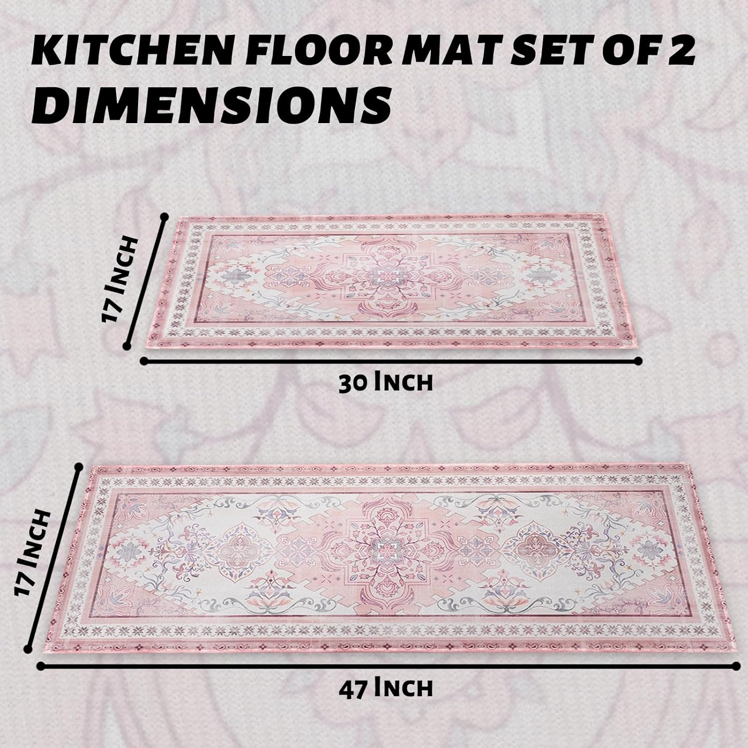 Pink Boho Kitchen Mats for Floor Set of 2, Floor Mat Carpet Runner Area Rug Washable, Pink Home Kitchen Decor and Accessories Stuff, 17x30 and 17x47 Inch