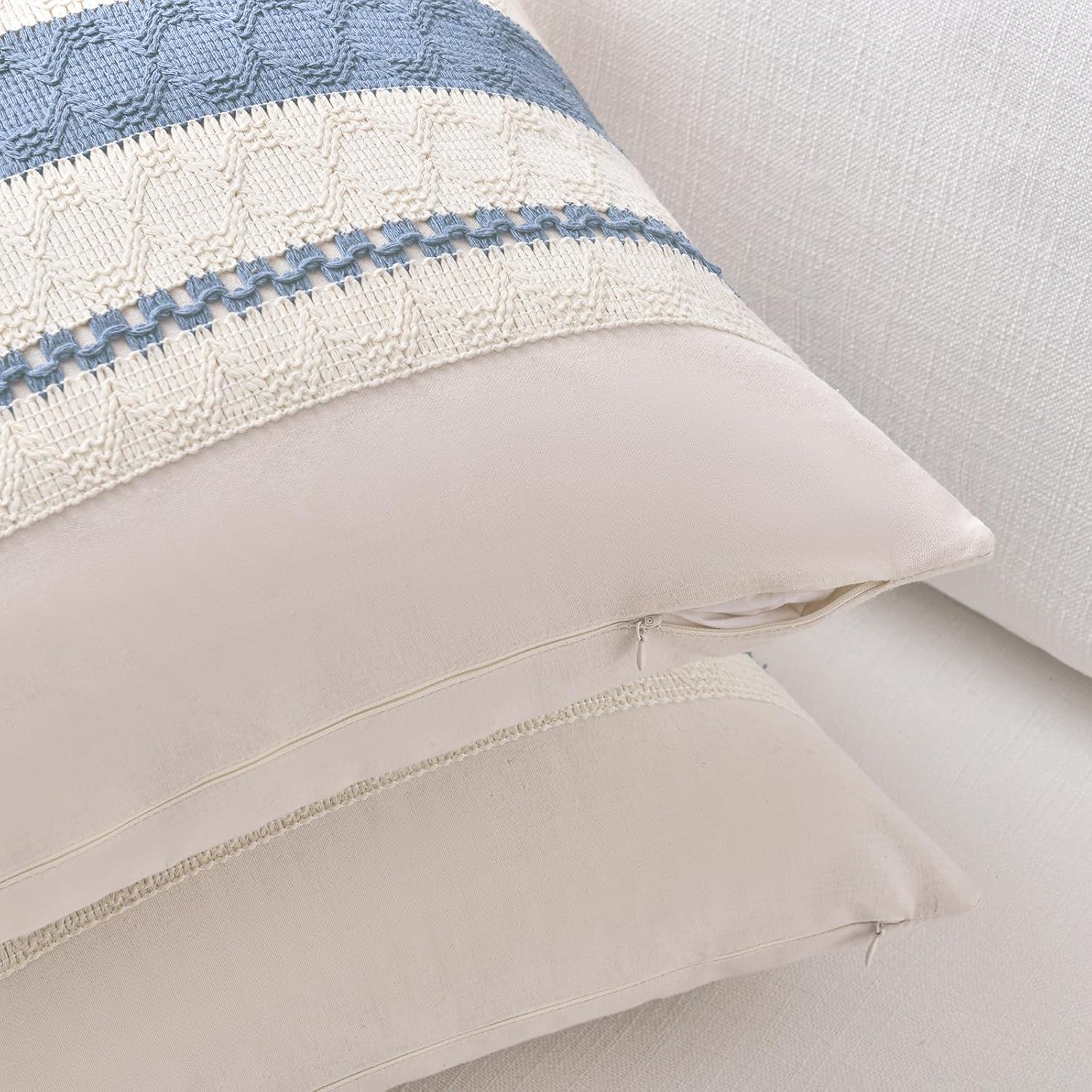 Fancy Homi Set of 2 Boho Light Blue Decorative Throw Pillow Cover 18x18 Inch for Couch Bed Sofa, Aesthetic Modern Organic Farmhouse Home Decor, Soft Cotton Cute Accent Macrame Woven Cushion Case - Image 3