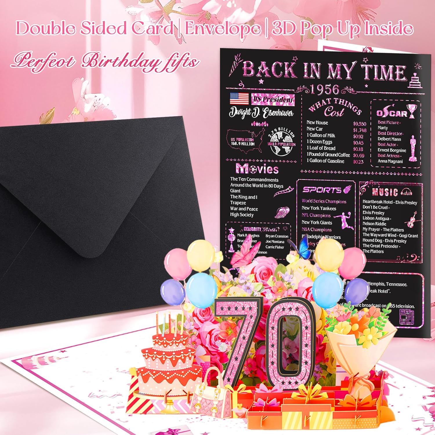 70th Birthday Card for Women,Jumbo Pop Up 70th Birthday Cards for Her Friend,Back In 1956 Happy 70 Year Old Birthday Decorations for Wife Daughter Mom Funny Birthday Gifts,Rose Gold - Image 6