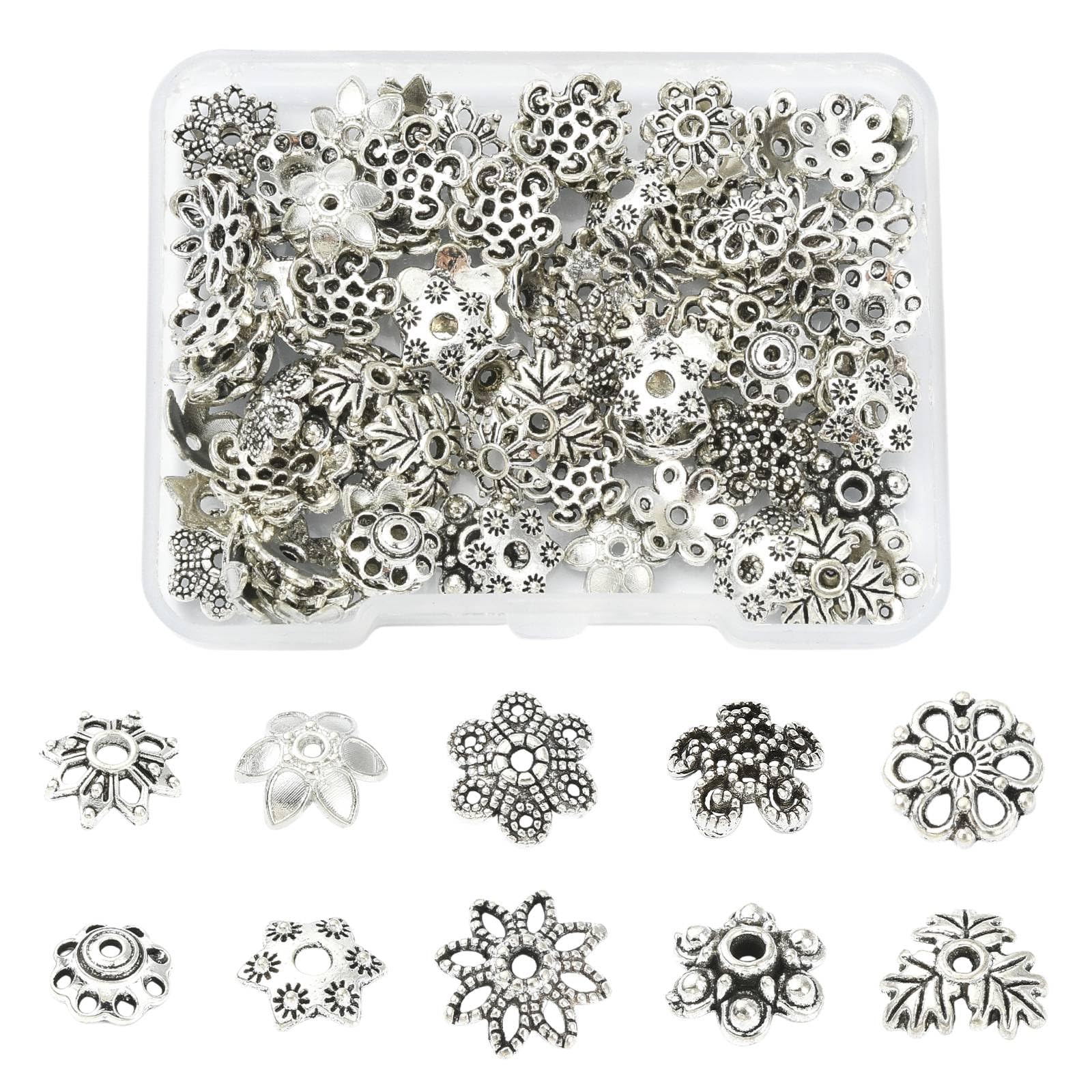 Stiesy 100Pcs 10 Styles Tibetan Style Alloy Flower Bead Caps Antique Silver Floral Vintage Spacer Beads for Bracelets Necklace Keychains DIY Jewelry Making Crafts