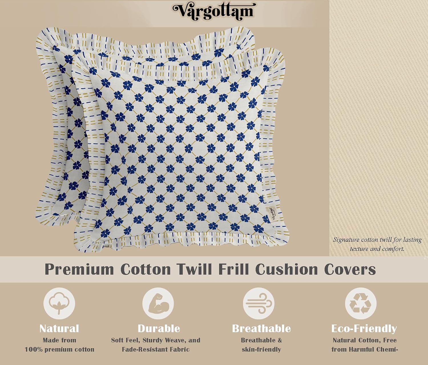 Cotton Twill Frill Cushion Covers 16 Inch Square, Set of 2, Reversible Print, Farmhouse Throw Pillow Covers with Hidden Zipper - Florals Print