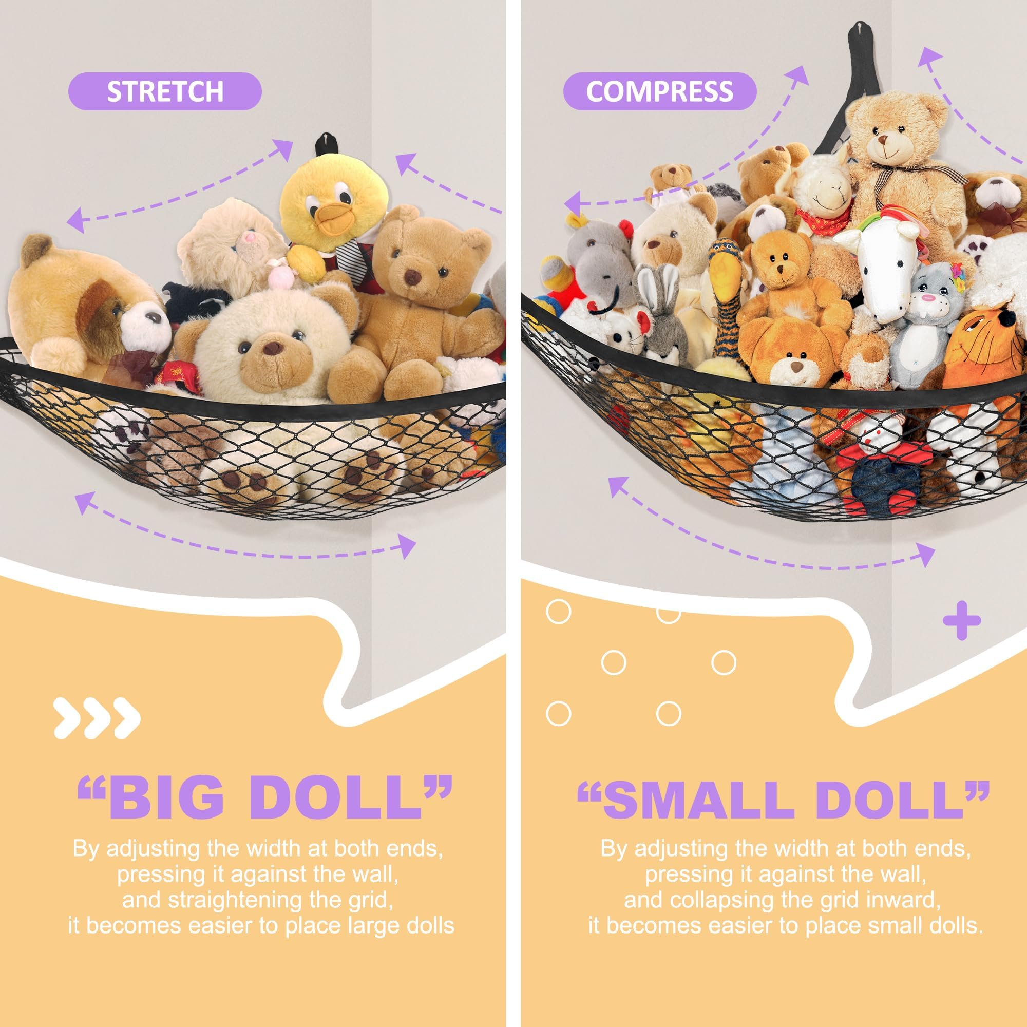 Lazebox Hamaca de red de animales de peluche para juguetes de peluche, hamaca de animales de peluche para decoración de habitación de niños, ideas para organizar la colección de rellenos, fácil de
