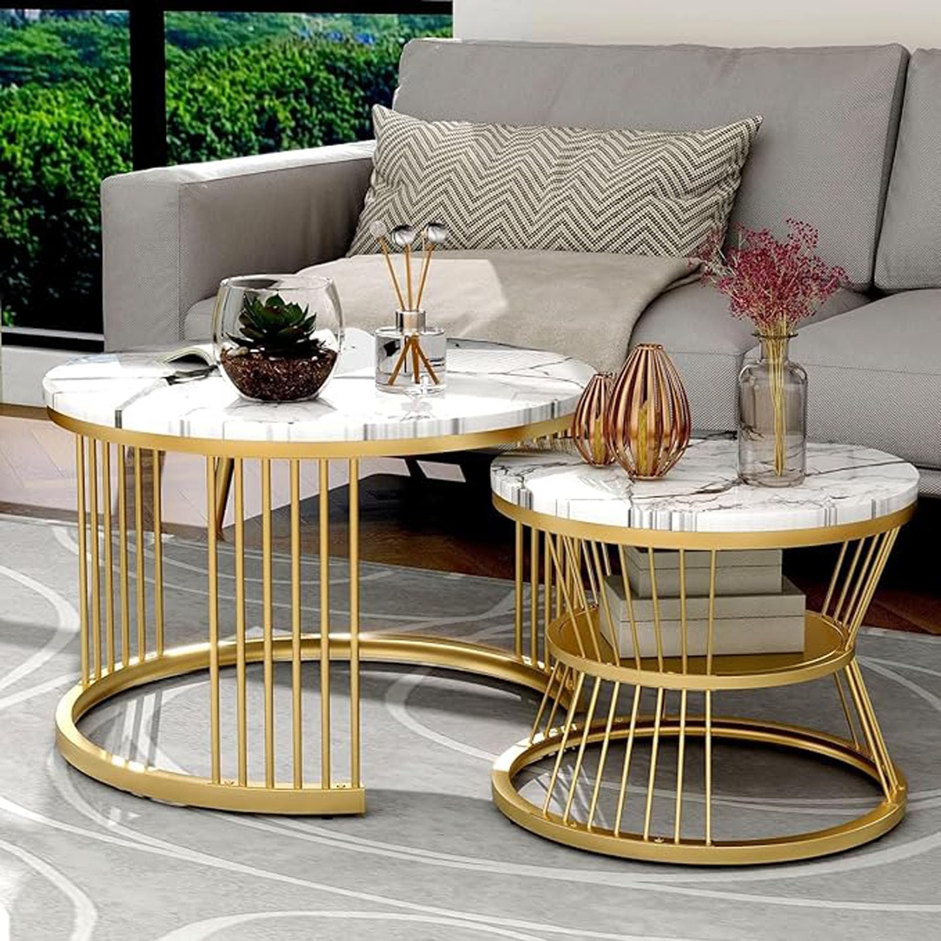 Two Nesting Tables for The Living Room with a Stylish Round Design, Metal Frame, and Storage Shelf | Contemporary Center Tables for Office, Home Decor | (Gold White)-image-3