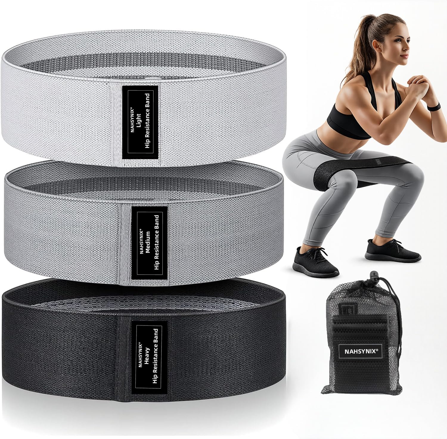 3-Resistance Levels Fabric Resistance Bands Set, Non-Slip Exercise Loop Bands for Legs, Glutes & Full Body Workout, Portable Workout Bands for Home Gym, Yoga & Pilates