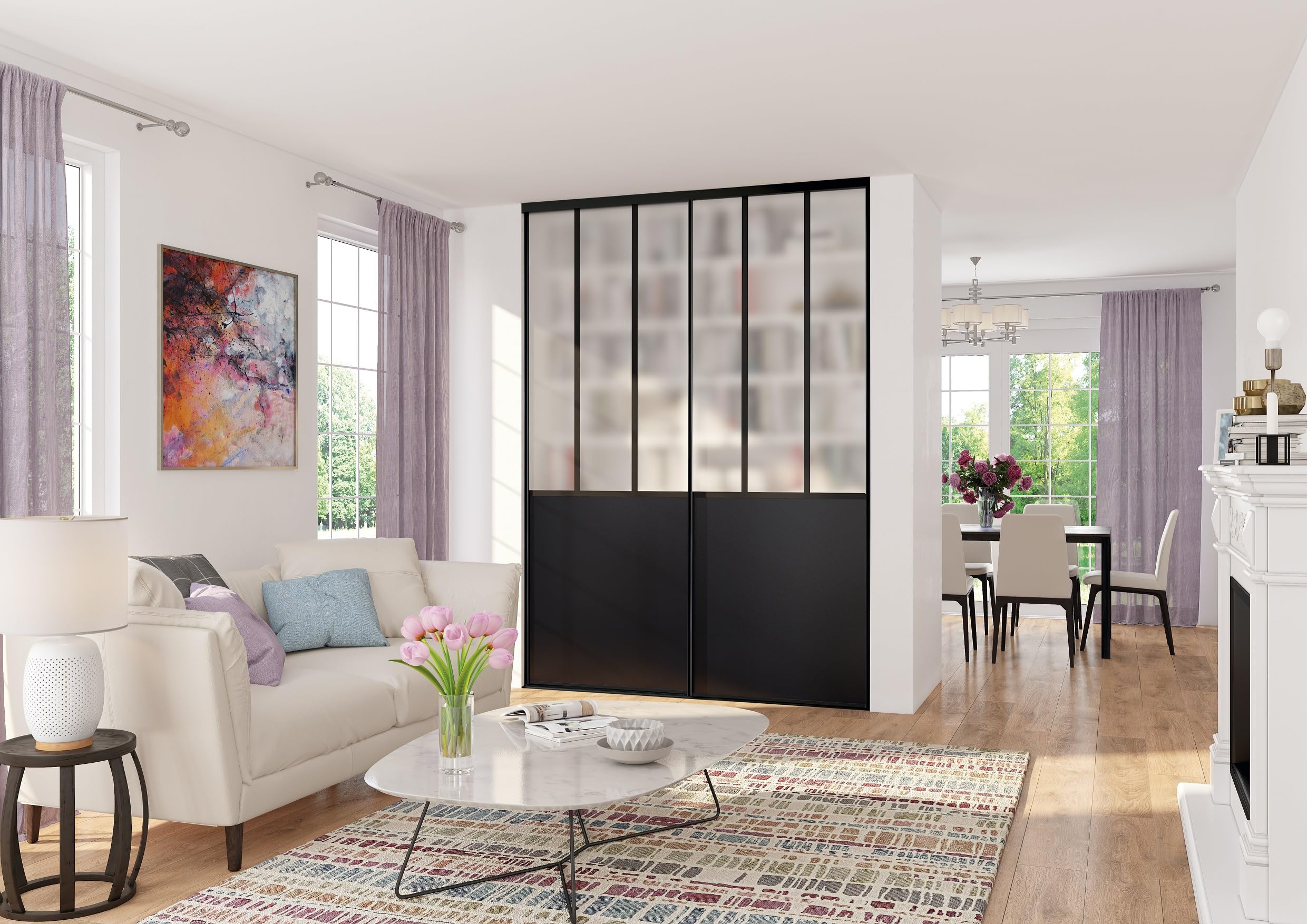 OPTIMUM Pack 2 Vantaux Porte Placard Atelier Noir Verre dépoli – Style Industriel – Portes Coulissantes Intérieures Modernes – Plusieurs Dimensions (Noir, 180x250 cm)