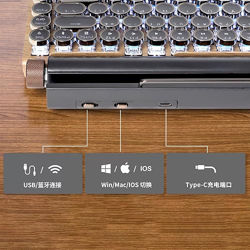 Miniatura 6 de 83-Key Mechanical Keyboard - Retro Typewriter Wireless Bluetooth Gaming Keyboard, Anti-Ghosting Blue Switch (Wood)