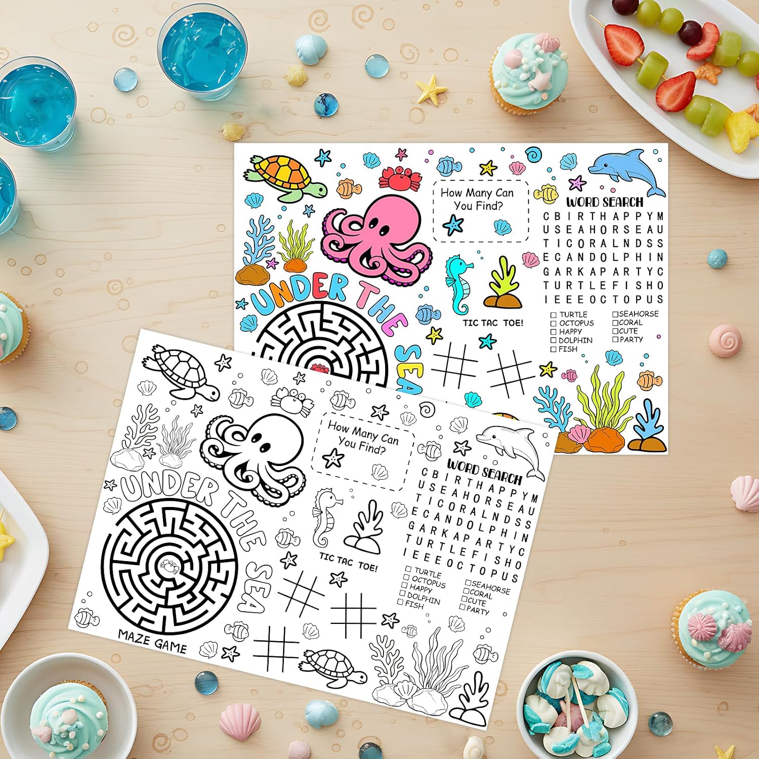 12PCS Under the Sea Party Coloring Placemats Ocean Animals Coloring Sheet Table Mats Table Decorations for Boys Girls Under the Sea Birthday Baby Shower Party Activities Games Favors Supplies image 2