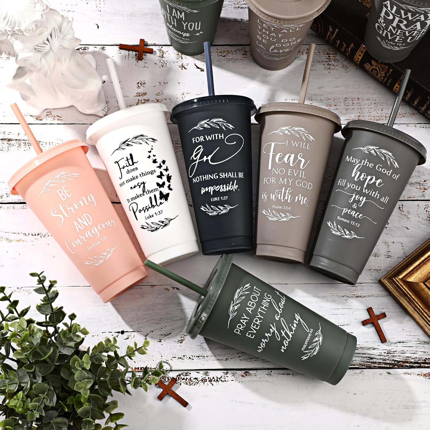 Havawish 48 Pcs Christian Easter Tumbler Gifts Bulk Religious Inspirational 24 oz Drinking Jesus Cup with Lid Straw Bible Verse Plastic Cup for Church Mother Dad First Communion Party (Vivid Color)