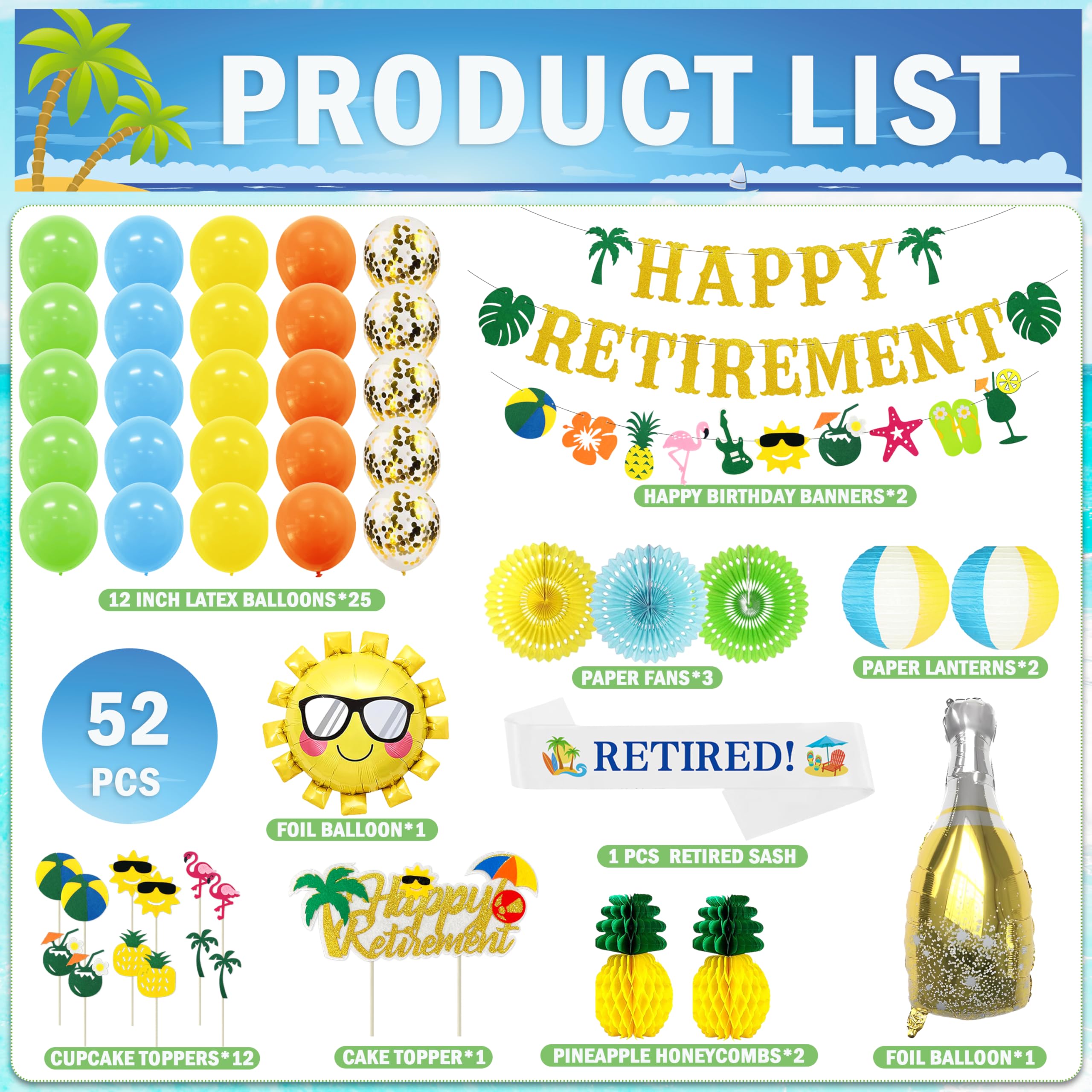 Tropical Hawaiian Luau Retirement Party Decorations 52 Pcs, Summer Beach Pool Happy Retirement Party Supplies (Retirement Banner Garland Cake Topper Set Balloon Set Paper Lanterns Retired Sash)