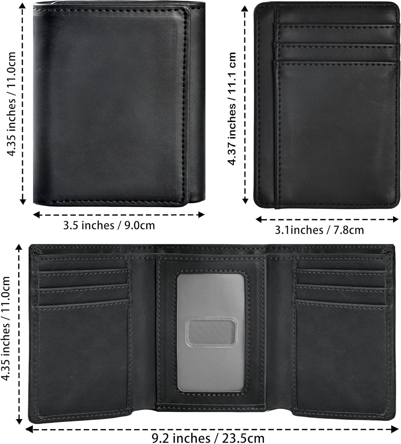 Trifold Wallet for Men, Leather Wallets with 8 Card Slot and 2 Money Pocket and 1 Clear Photo Slot + 1 Minimalist Leather Card Pocket with 6 Card Slot and 1 Transparent Windows Slot - Black - Image 4