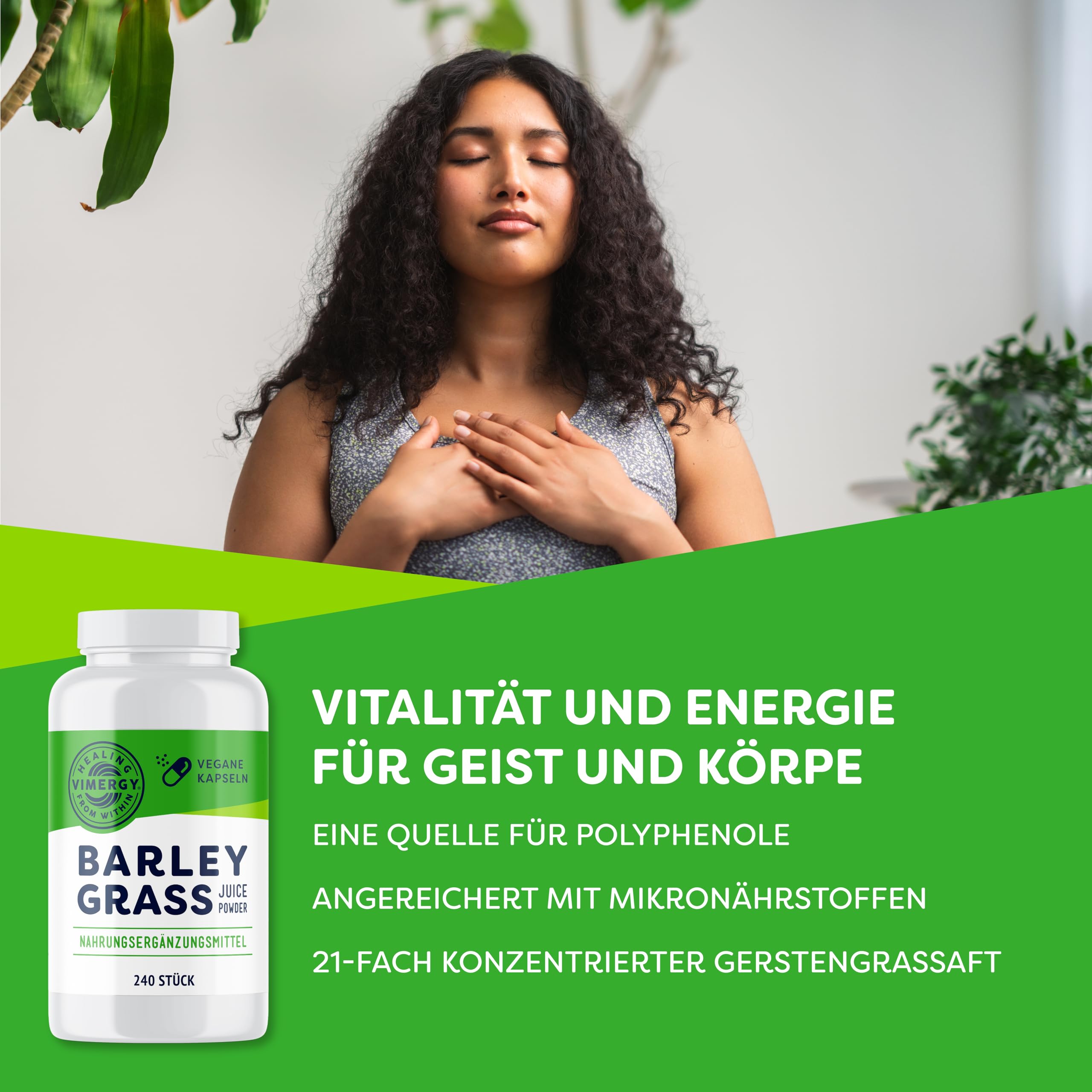 Vimergy Gerstengras Saft Pulver – Supergreen aus Gerstengrassaft Pulver – Vegan - Ohne Trennmittel, ohne Füll- und Geschmacksstoffe, Zucker, Gentechnik, Gluten (240 stück (Kapseln)