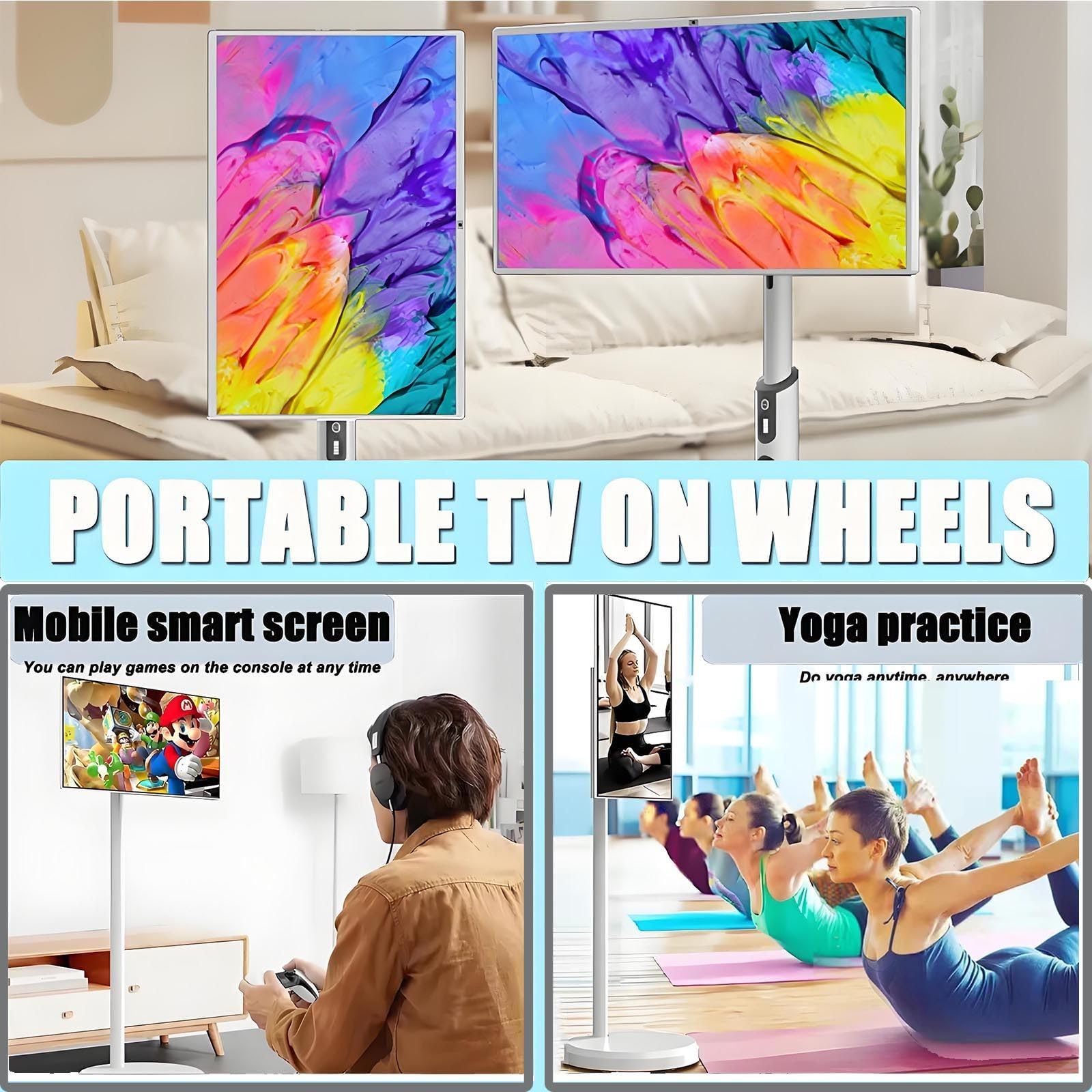 TéLéViseurs 21,5/24/27/32 Pouces,TéLéViseur Portable Sur Roues,éCran Tactile Intelligent Portable,éCrans Tv 4k Avec Support Mobile, SystèMe Levage,Rotation Libre,Batterie IntéGréE 21.5in4G+64G