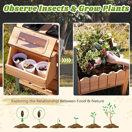 Miniatura 7 de ROBOTIME Cocina de barro para niños al aire libre, cocina de madera al aire libre con caja de observación de insectos y jardinera, cocina de juego