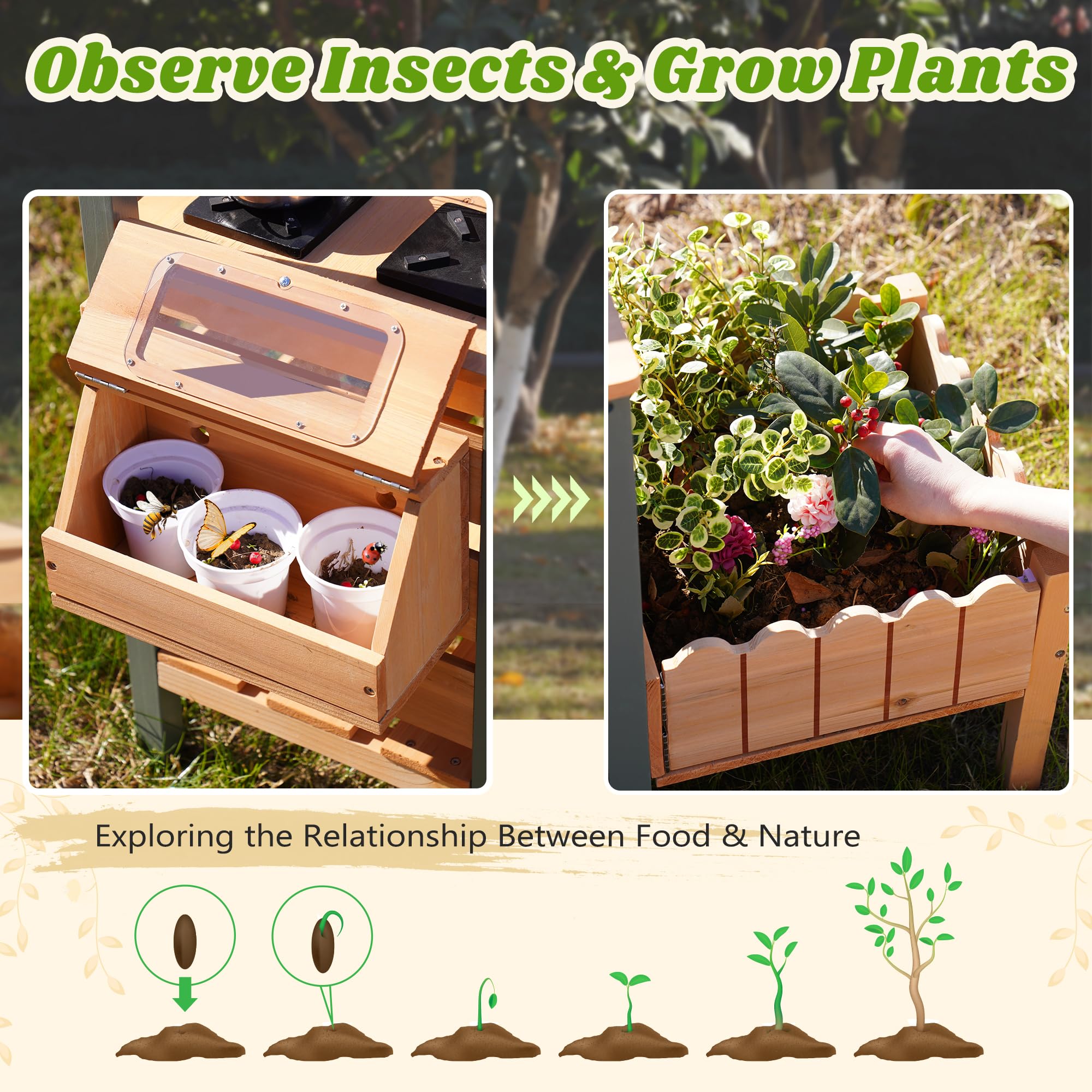 ROBOTIME Mud Kitchen, Grande Cuisine d'Extérieur Deluxe pour Enfants, Jeu de Cuisine en Bois avec bac à Eau, évier de Jardin, bac de Plantation et Accessoires, Jeu de Prétendus pour Garçons Filles 3+