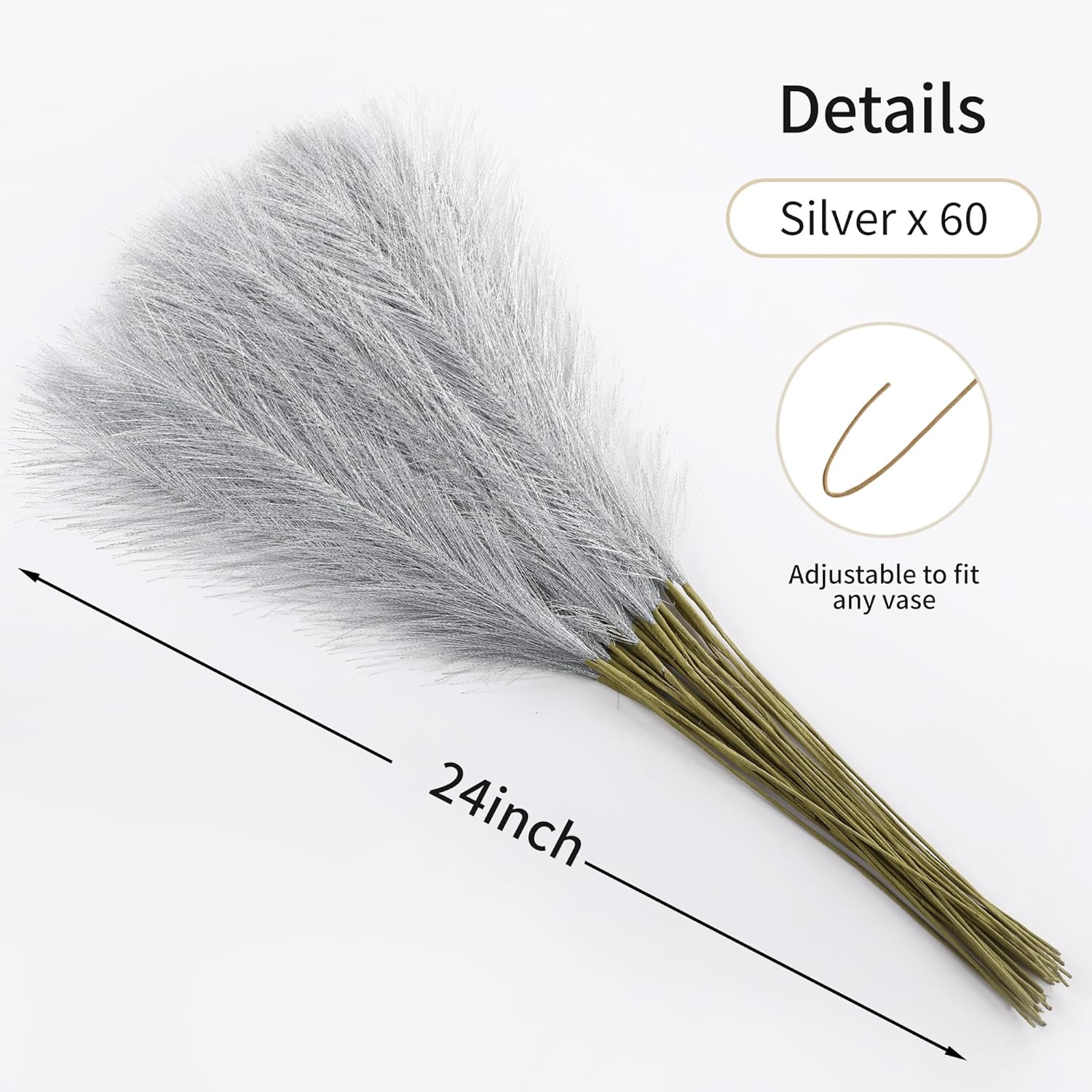 Wertuirk Faux Silver Pampas Grass - 60pcs 24 Inch Short Artificial Pampas Grass Decor, Fake Pompas Floral for Vase Filler, Wedding Flower Arrangement, Party and Home Decor (Silver, 60 Pieces)