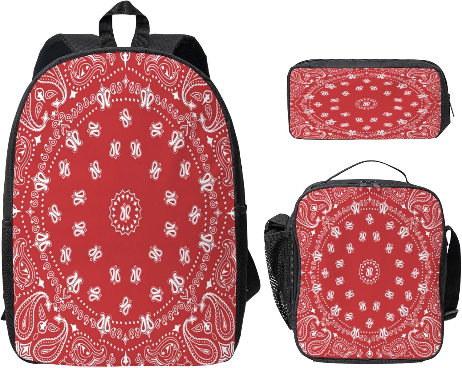 Black Paisley Bandana 3PCS Backpack, Cute Shoulder Backpacks Lightweight Durable Laptop Bag, 17 Inch Backpack