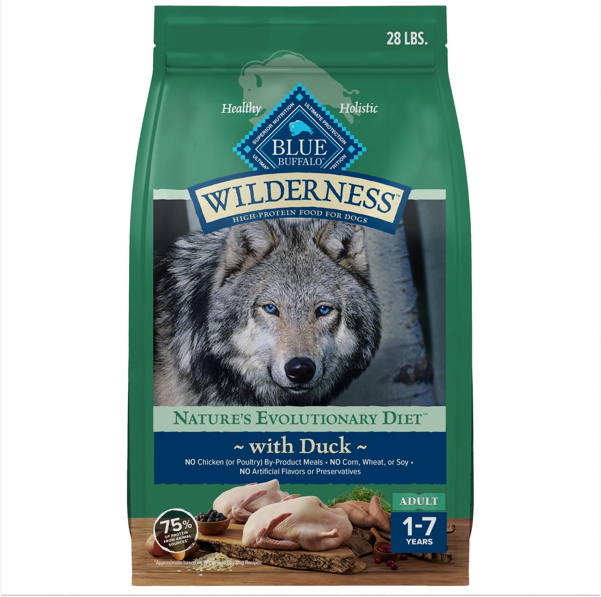 Wilderness Natural High-Protein Dry Food for Adult Dogs, with Wholesome Grains, Duck, 28-lb Bag.