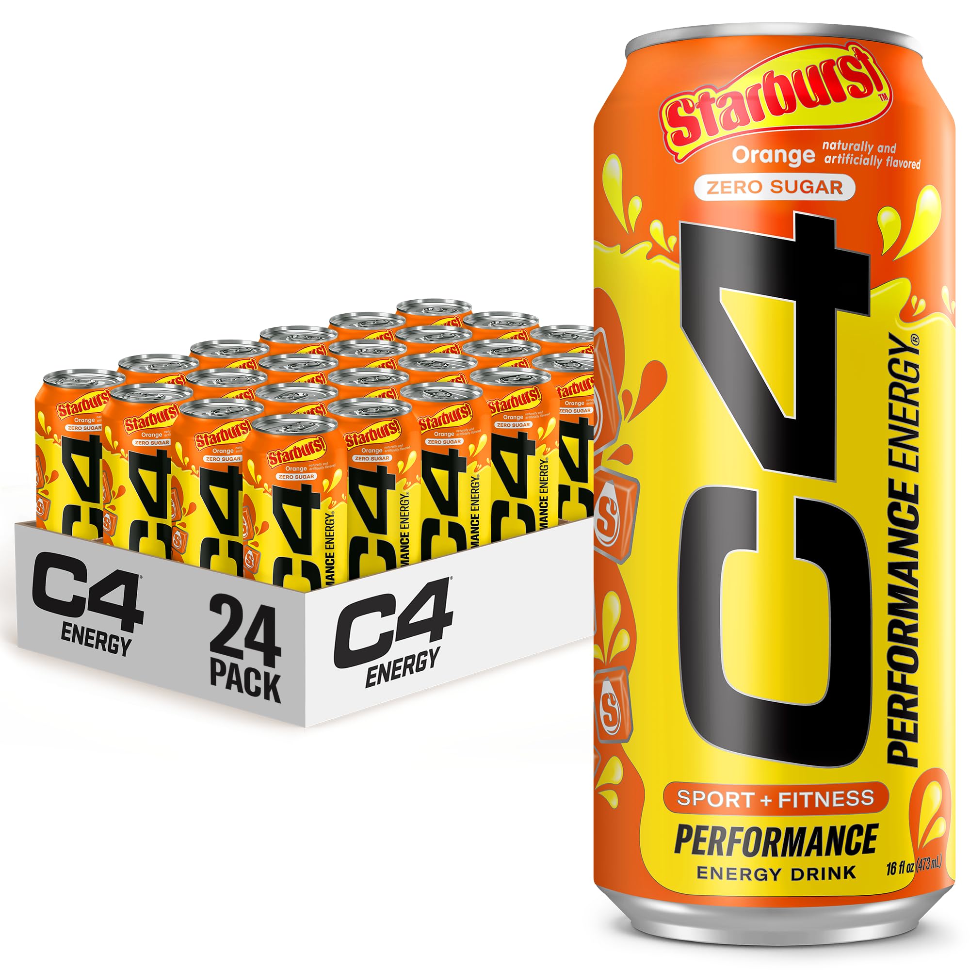 CellucorC4 Energy Drink, Starburst Orange, Carbonated Sugar Free Pre Workout Performance Drink with no Artificial Colors or Dyes, 16 Oz, Pack of 24