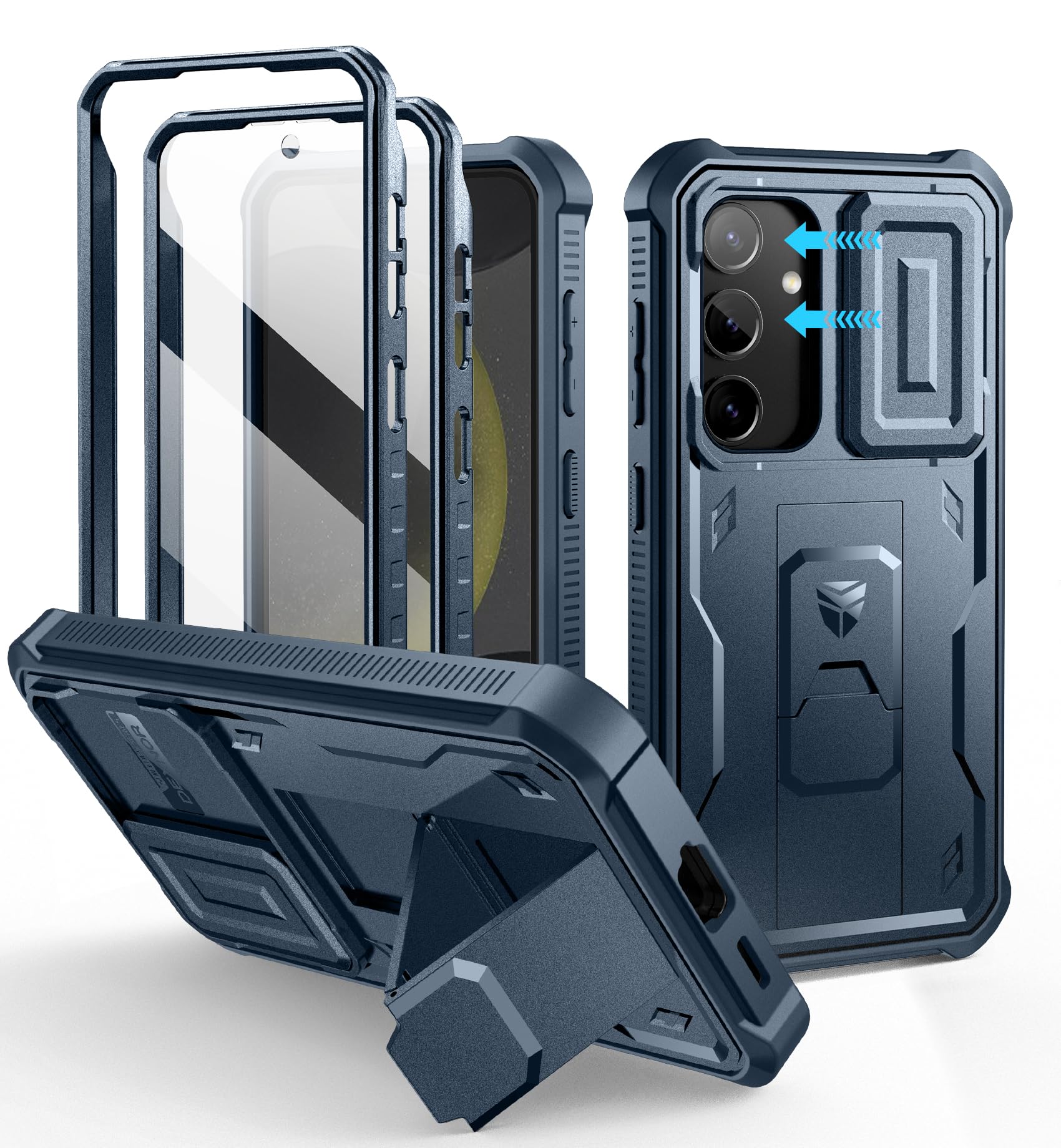 Dexnor for Samsung Galaxy S24 Case with Built-in Slide Camera Cover &amp; Screen Protector &amp; Kickstand, Heavy-Duty Shockproof Rugged Case Full-Body Bumper Protective Cover for Galaxy S24 (2024),Navy Blue