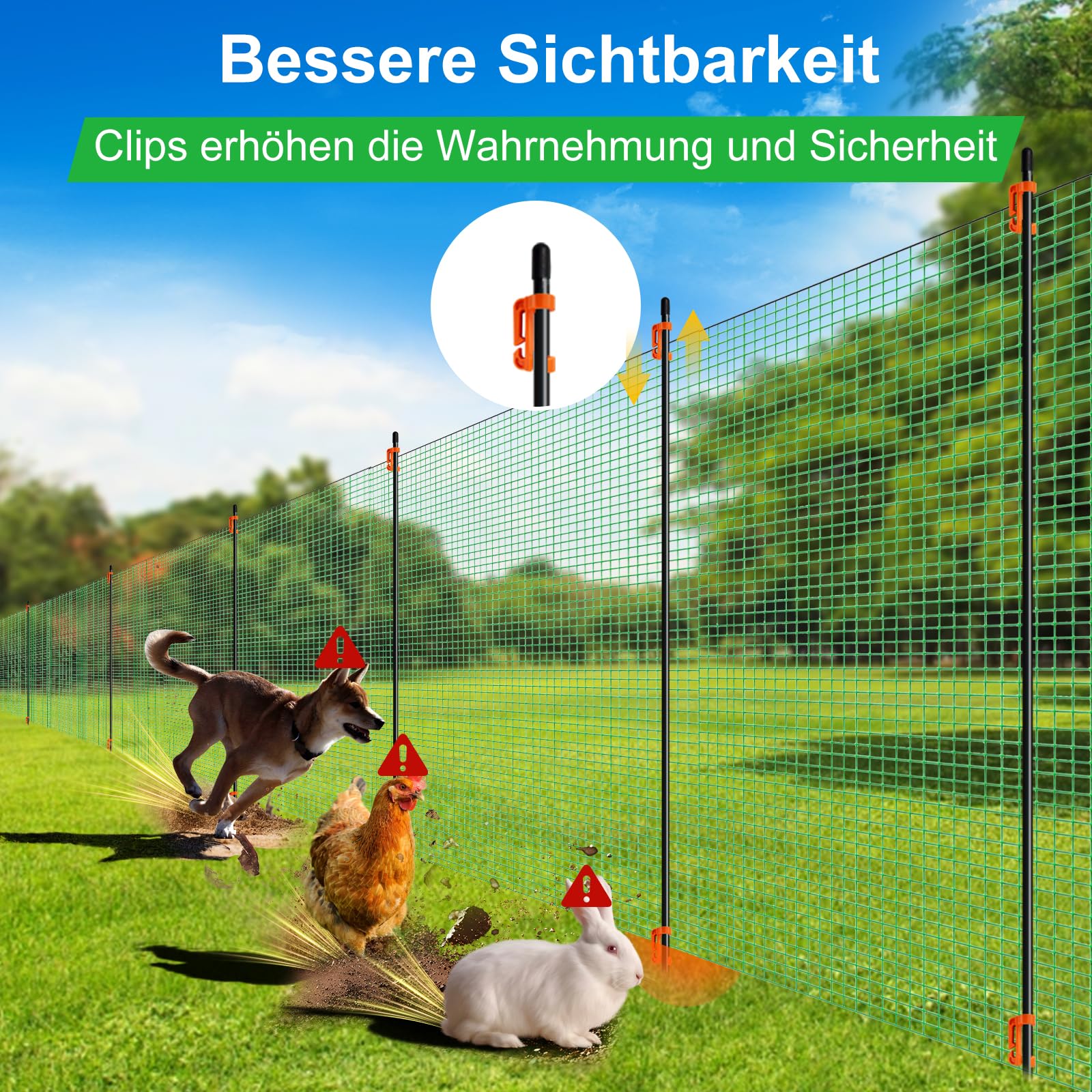 Mobiler Hundezaun 90 cm Höhe, PE-Zaunnetz mit massiven Fiberglasstangen, feinmaschig 1,7 × 1,7 cm, inkl. Fixierclips, für kleine und mittelgroße Hunde, Garten & Camping (HDPE-Netz · 90 cm, 20 m)