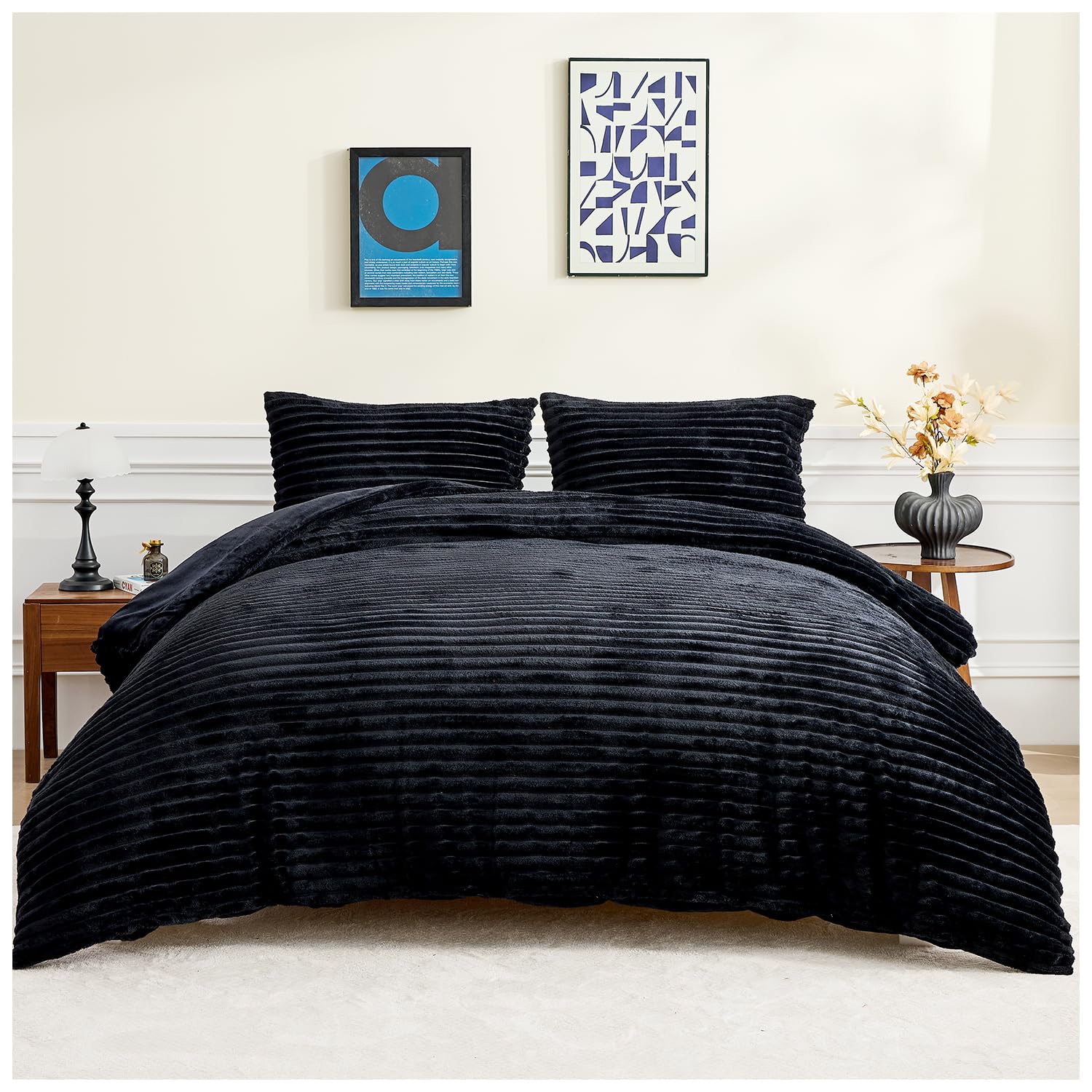 GC GAVENO CAVAILIA Ribbed Fleece Duvet Cover Single | Thermal Warm Polyester Single Duvet Cover Set With Pillow Case | Washable Cozy Fluffy Black Quilt Cover Winter Bedding Set, 135x200 Cm