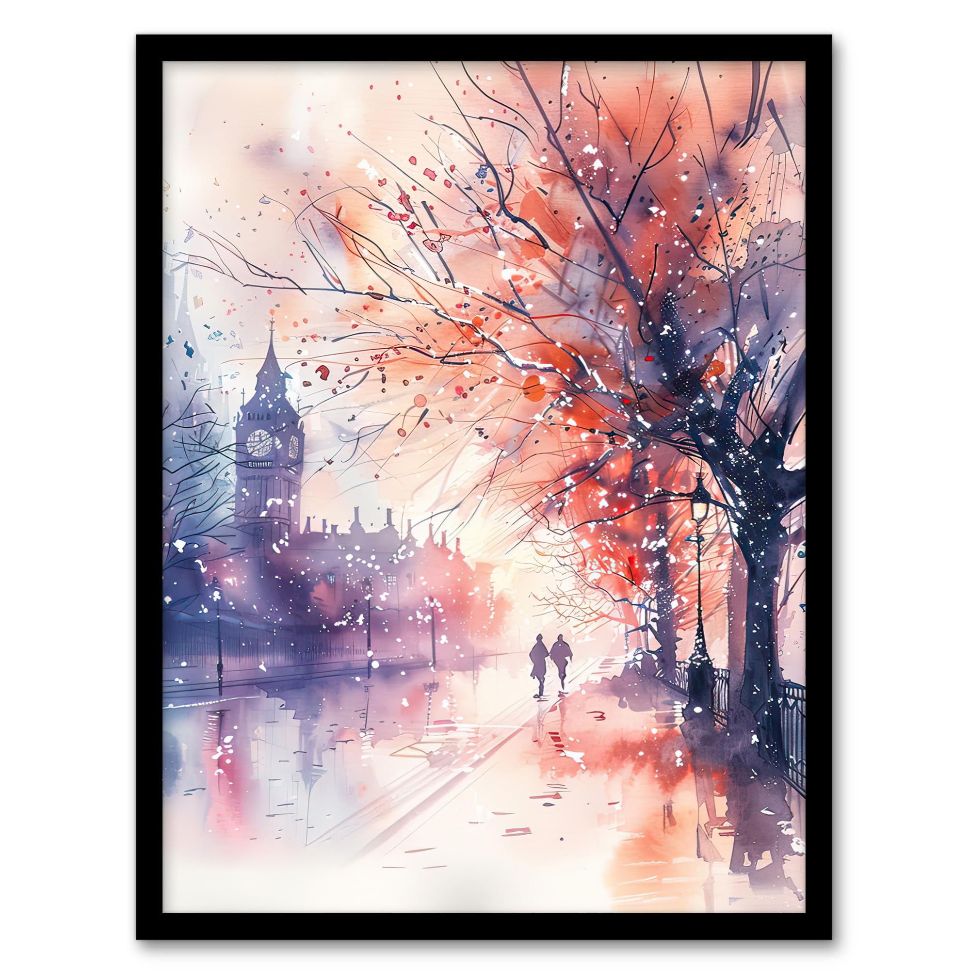 Artery8 Lovers Walk London Big Ben Autumn Watercolour Living Room Artwork Framed Wall Art Print 18X24 Inch