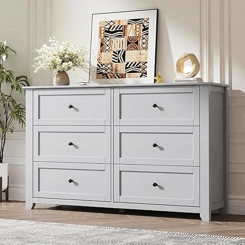 GarveeHome 6 Drawer Dresser for Bedroom, Grey Dresser with Deep Drawers & Metal Knobs, Large Modern Wooden Chests of Drawers for Entryway, Hallway