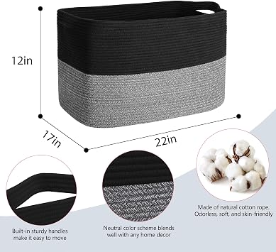 MEGASKET Extra Large Storage Baskets, 22 x 17 x 12 Black Baskets for Organizing, Rectangle Woven Basket for Blankets, Toys, Towels, Laundry, Decorative Wicker Storage Basket, Basket for Decor